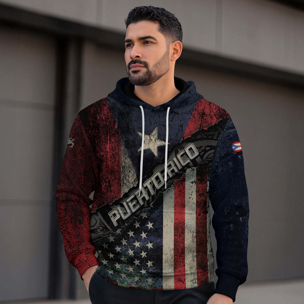 Puerto Rico USA Flag Boricua Taino Tribal Patriotic National Blue White Red Hoodie