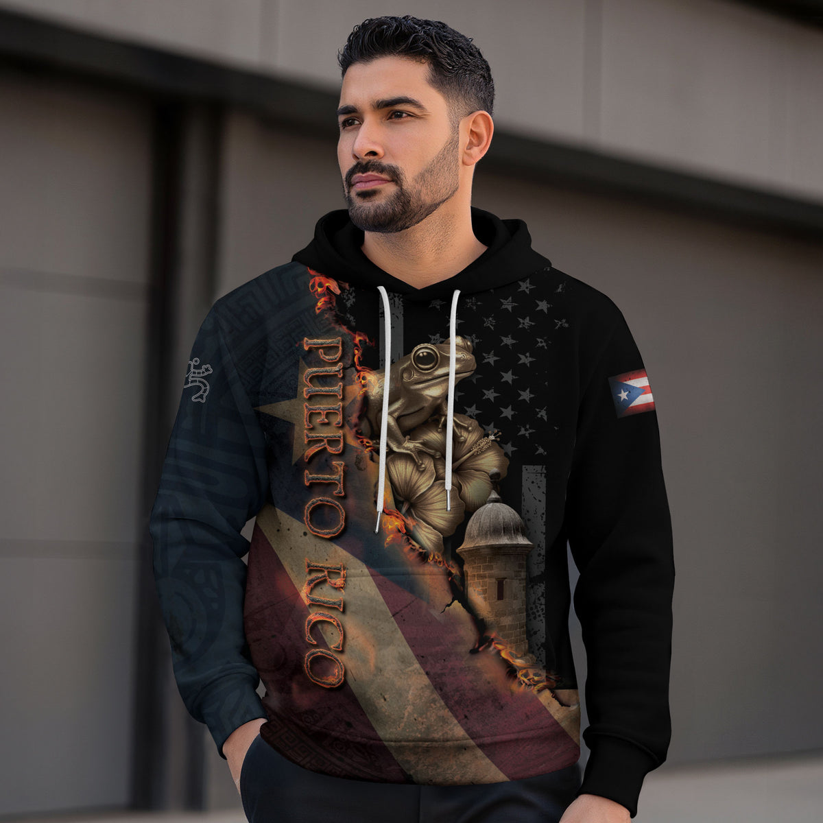 Puerto Rico Flag Boricua Coqui Frog El Morro Taino Tribal Black Gold Heritage Hoodie