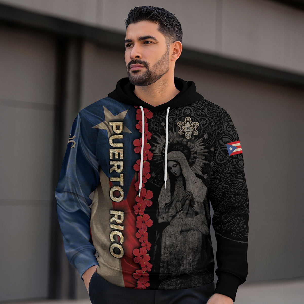 Puerto Rico Flag Boricua Virgin Mary Blessed Mother Taino Black Gold Hoodie