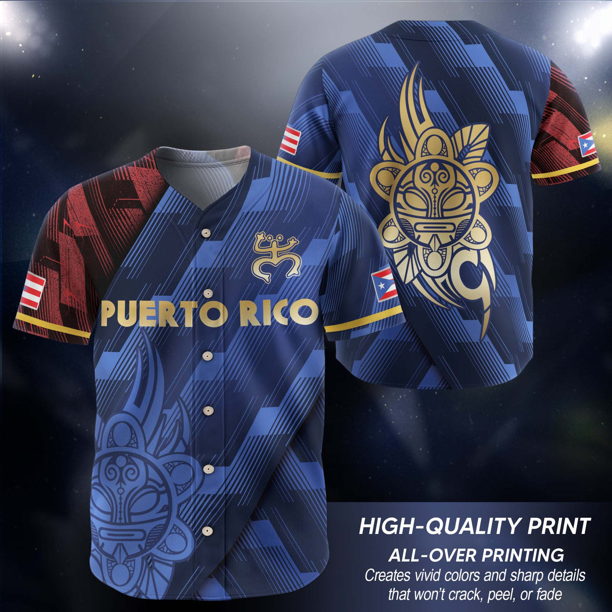 Puerto Rico Boricua Navy Blue Gold Tribal Sun National Heritage Baseball Jersey