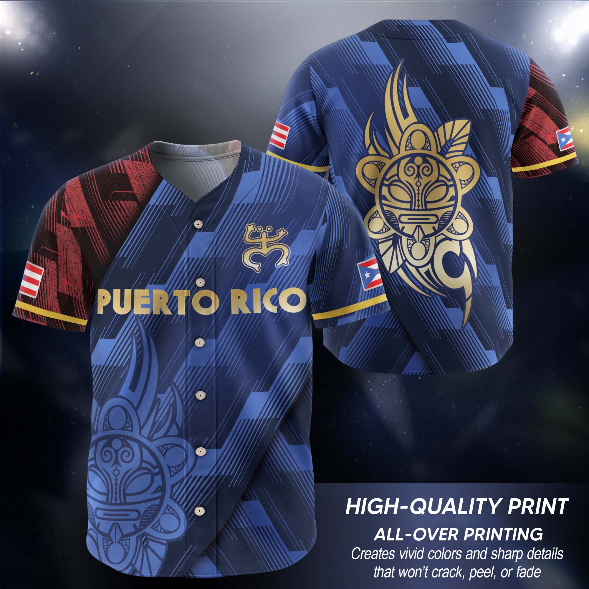 Puerto Rico Boricua Navy Blue Gold Tribal Sun National Heritage Baseball Jersey