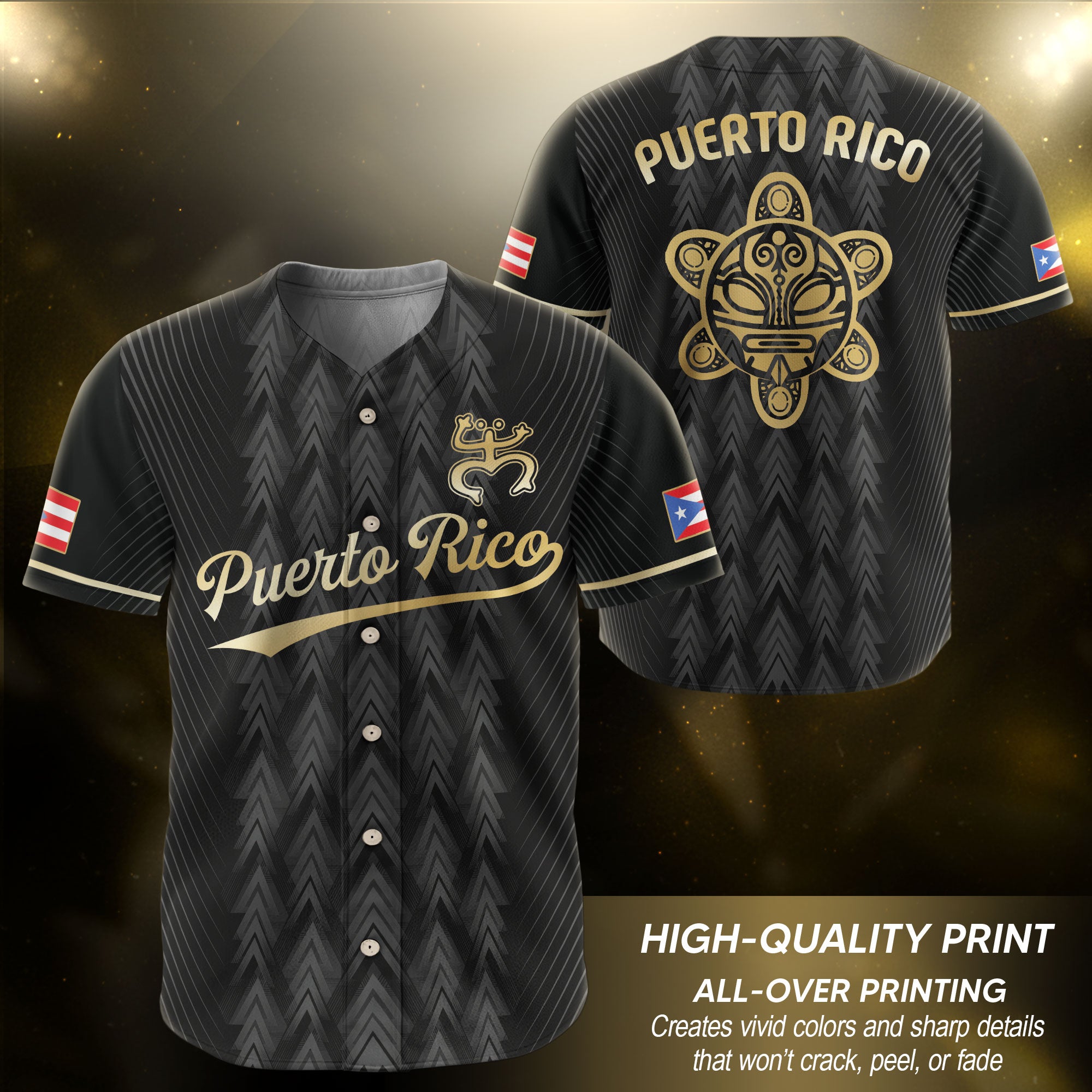 Puerto Rico Boricua Black Gold Taino Tribal National Heritage Baseball Jersey