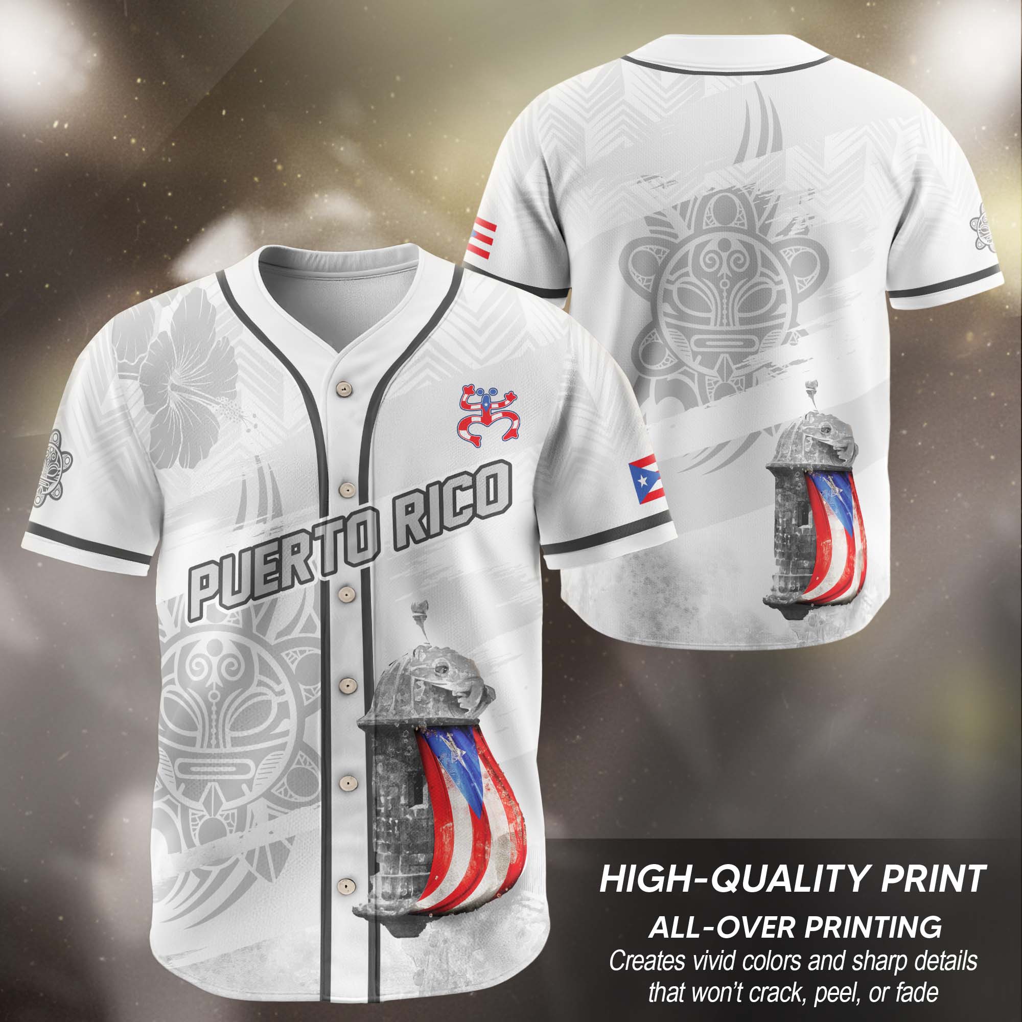 Puerto Rico Boricua White Gray Fortress Hibiscus Tribal Graphic Baseball Jersey