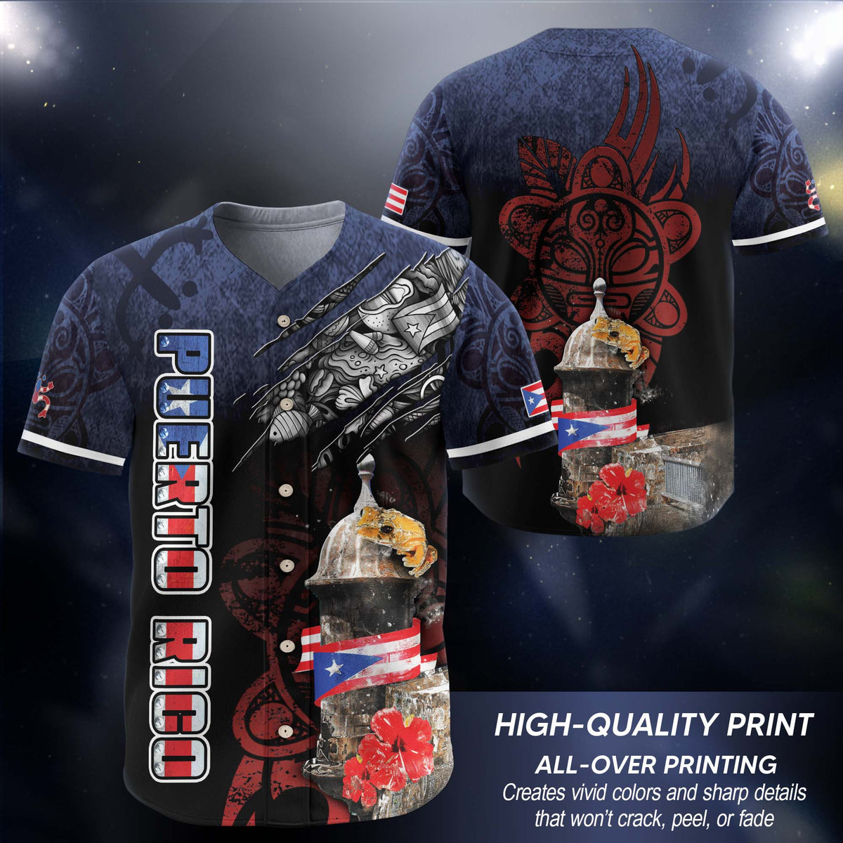 Puerto Rico Boricua Fortress Coqui Frog Hibiscus Floral Graphic Baseball Jersey