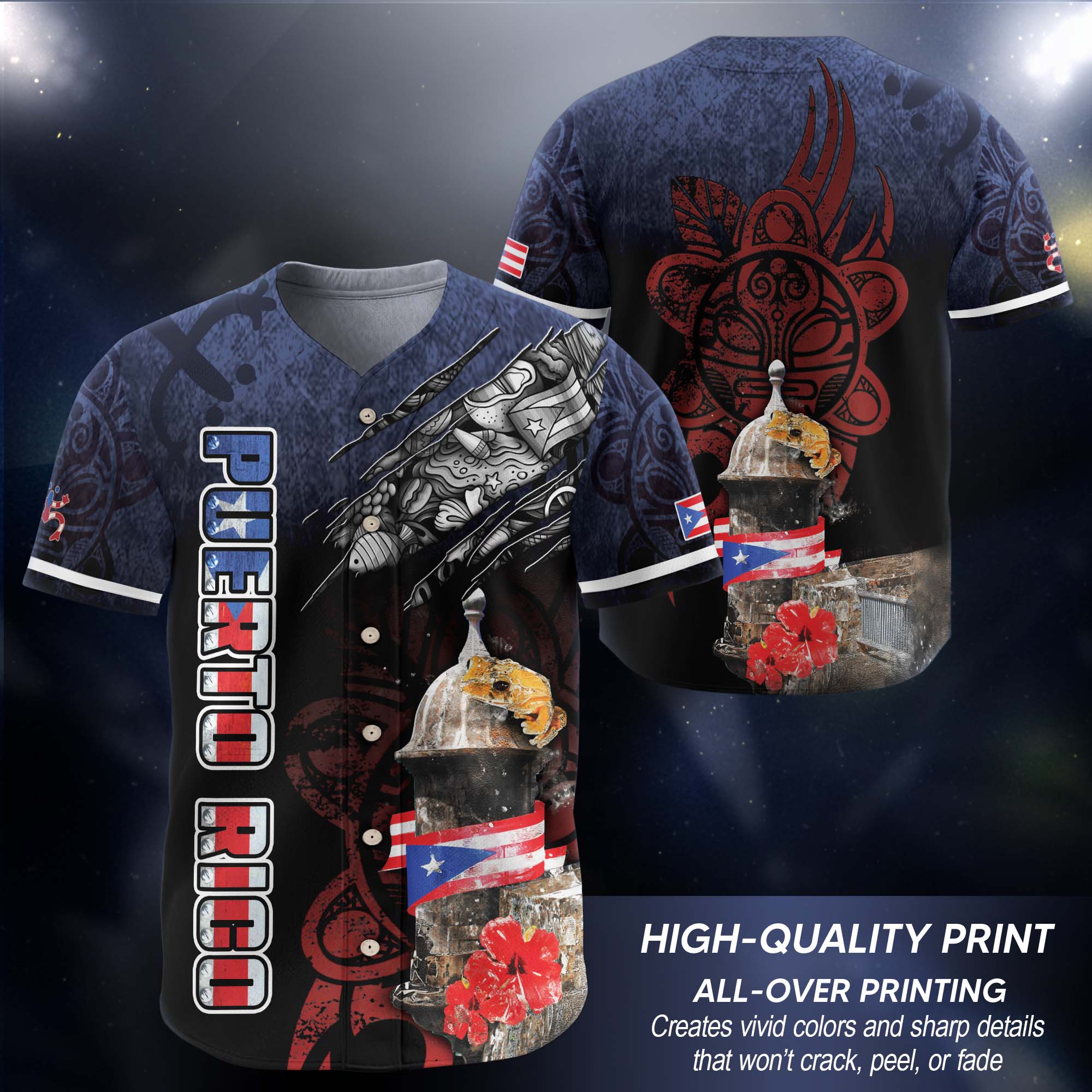 Puerto Rico Boricua Fortress Coqui Frog Hibiscus Floral Graphic Baseball Jersey