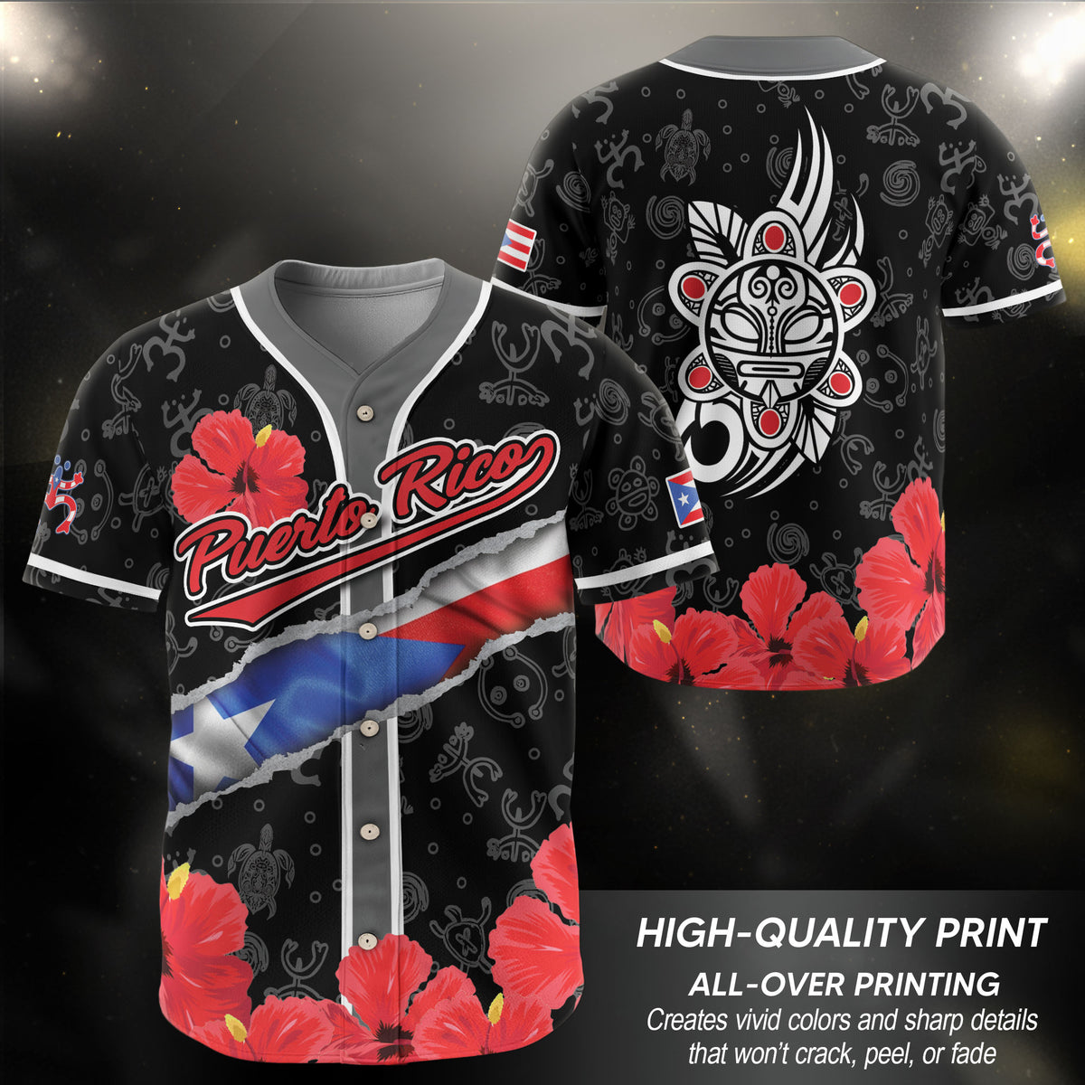 Puerto Rico Boricua Red Hibiscus Floral Flag Taino Heritage Baseball Jersey