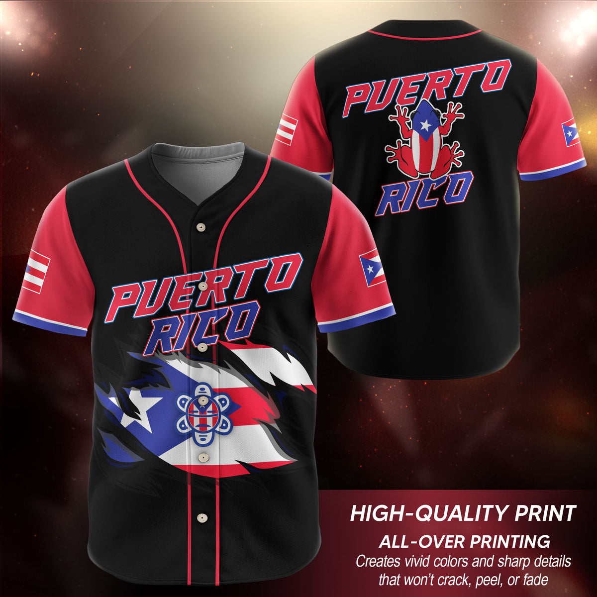 Puerto Rico Boricua Black Red Torn Flag Coqui Frog Heritage Baseball Jersey