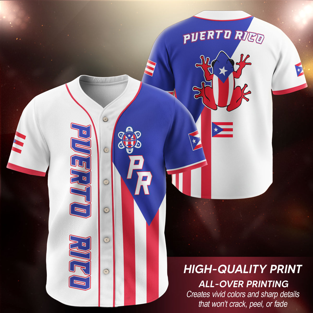 Puerto Rico Boricua Flag White Red Blue Coqui Frog Heritage Baseball Jersey