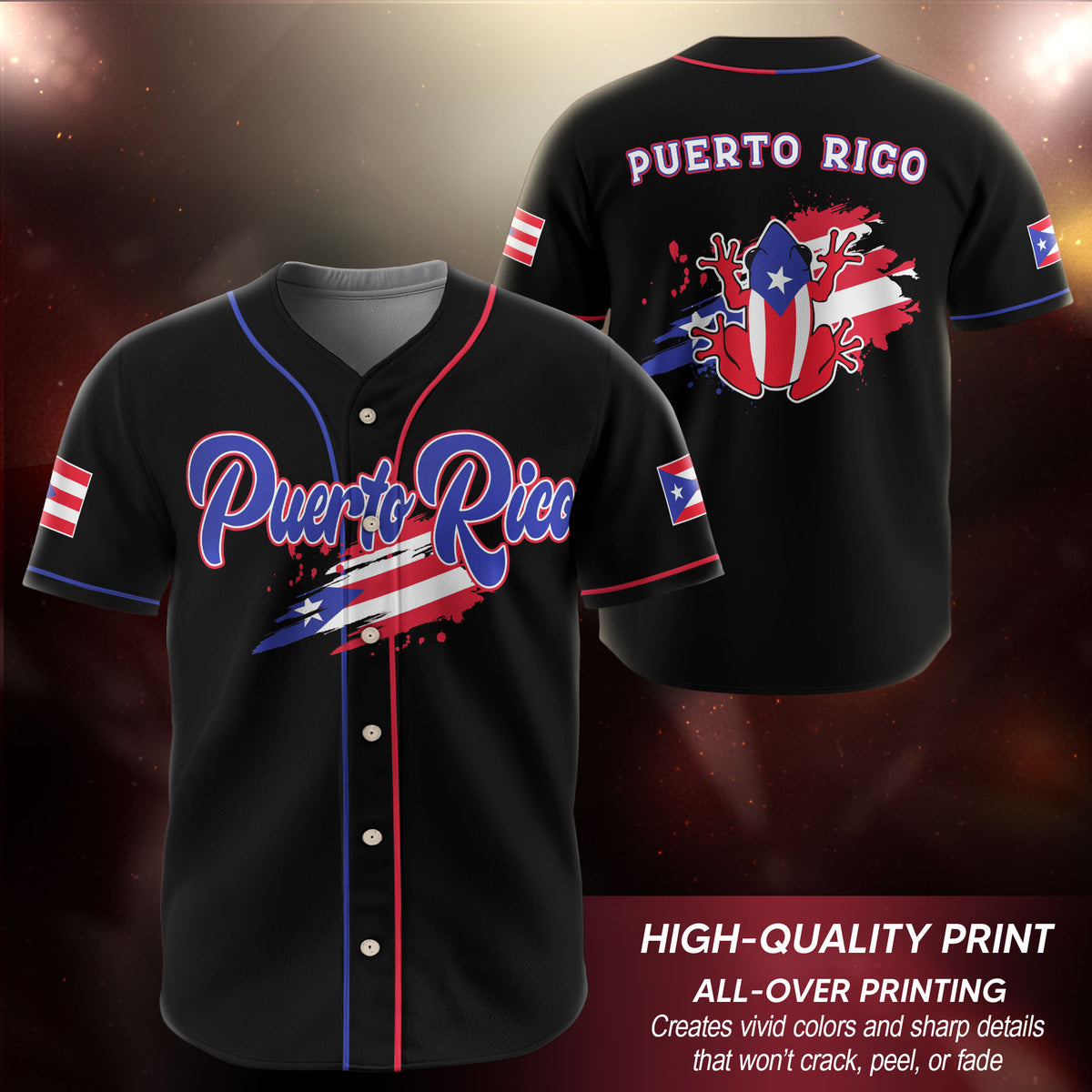 Puerto Rico Boricua Black Blue Red Splatter Coqui Frog Heritage Baseball Jersey