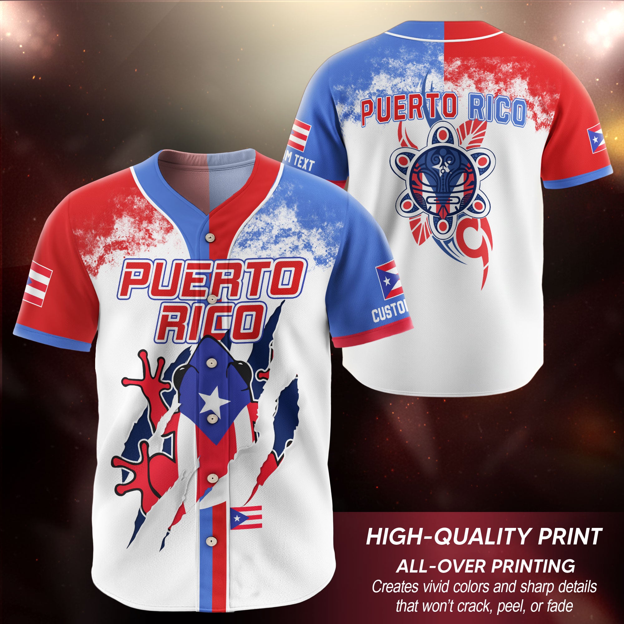 Puerto Rico Boricua Flag White Red Blue Paint Splatter Graphic Baseball Jersey