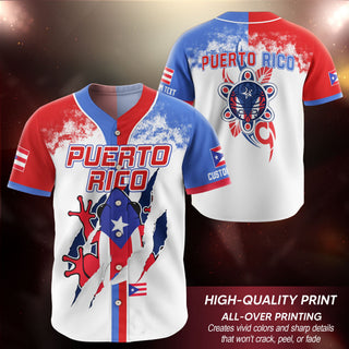 Puerto Rico Baseball Jersey with Boricua Flag for Men and Women, White Red Blue Paint Splatter Graphic, Bold Puerto Rico Shirts for Fans, Northryn Co.