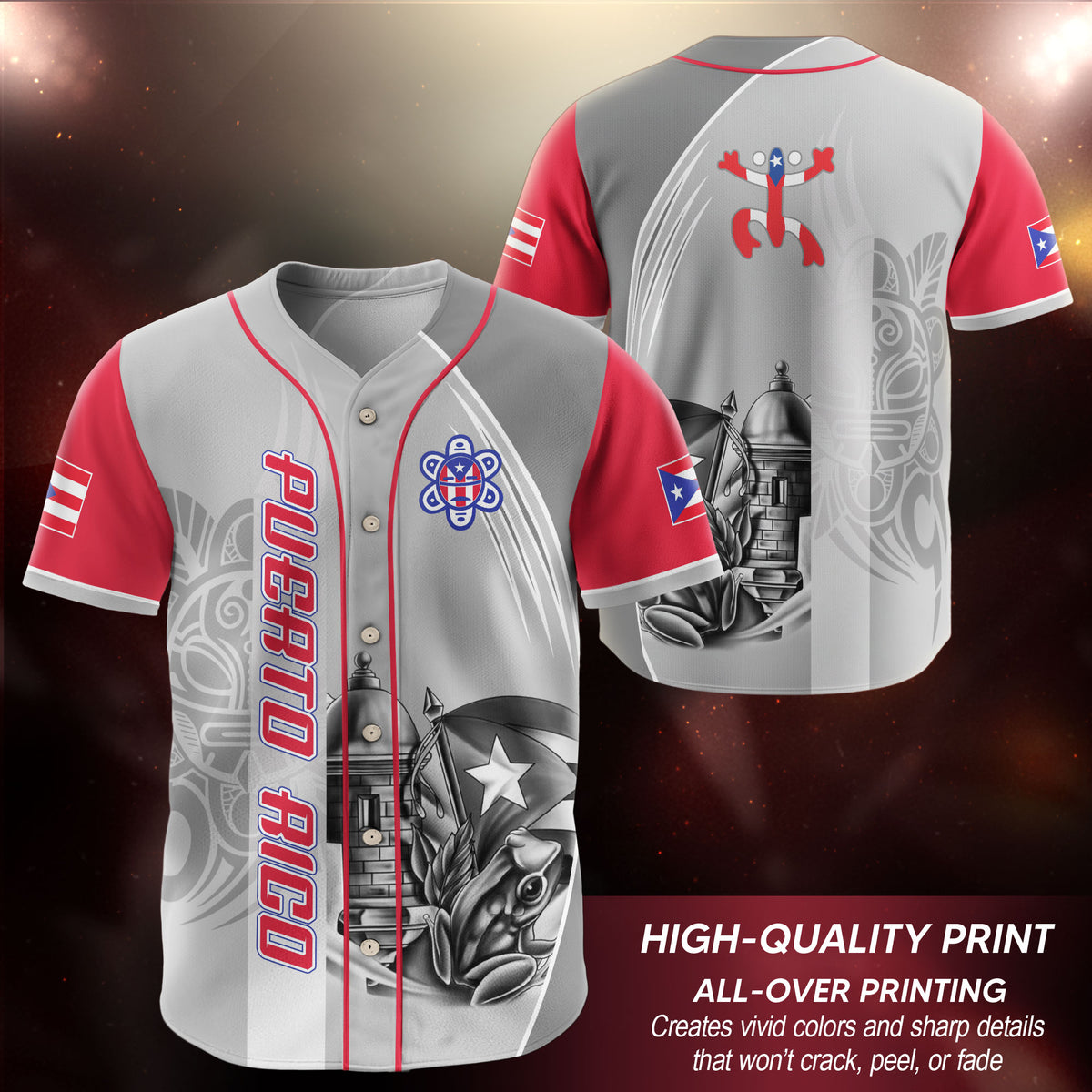 Puerto Rico Boricua Gray Red Fortress Coqui Frog Taino Heritage Baseball Jersey