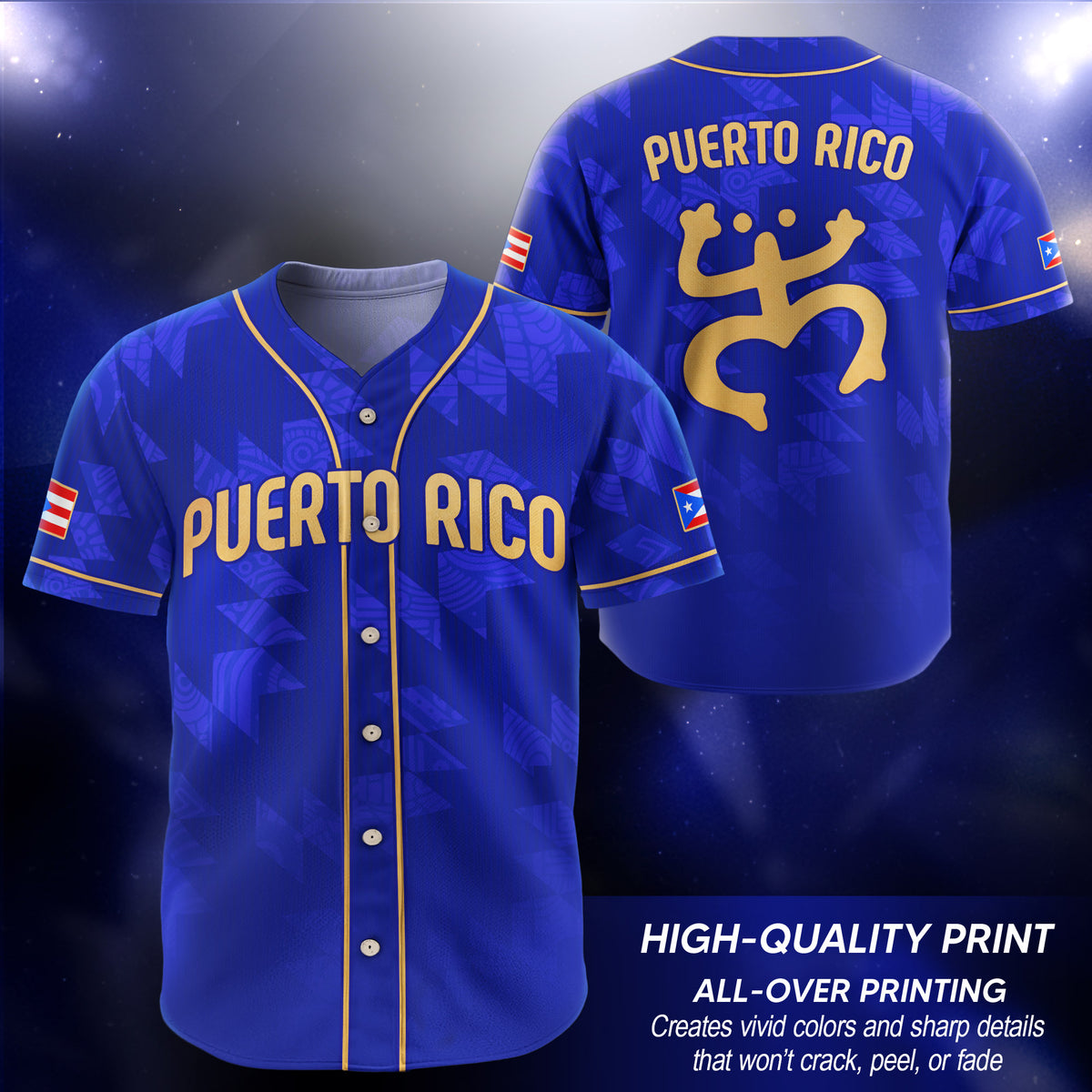 Puerto Rico Boricua Navy Blue Gold Tribal Sun Heritage Graphic Baseball Jersey