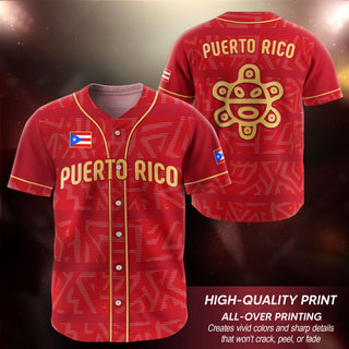 Boricua Red Gold Puerto Rico Baseball Jersey for Men and Women, Taino Sun National Heritage Graphic, Puerto Rico Shirts for Island Style, Northryn Co.