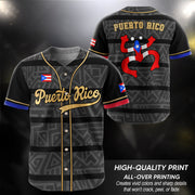 Puerto Rico Baseball Jersey in Boricua Black for Men and Women, Gray Taino Pattern Coqui Frog Heritage, Bold Puerto Rico Shirts for Fans, Northryn Co.