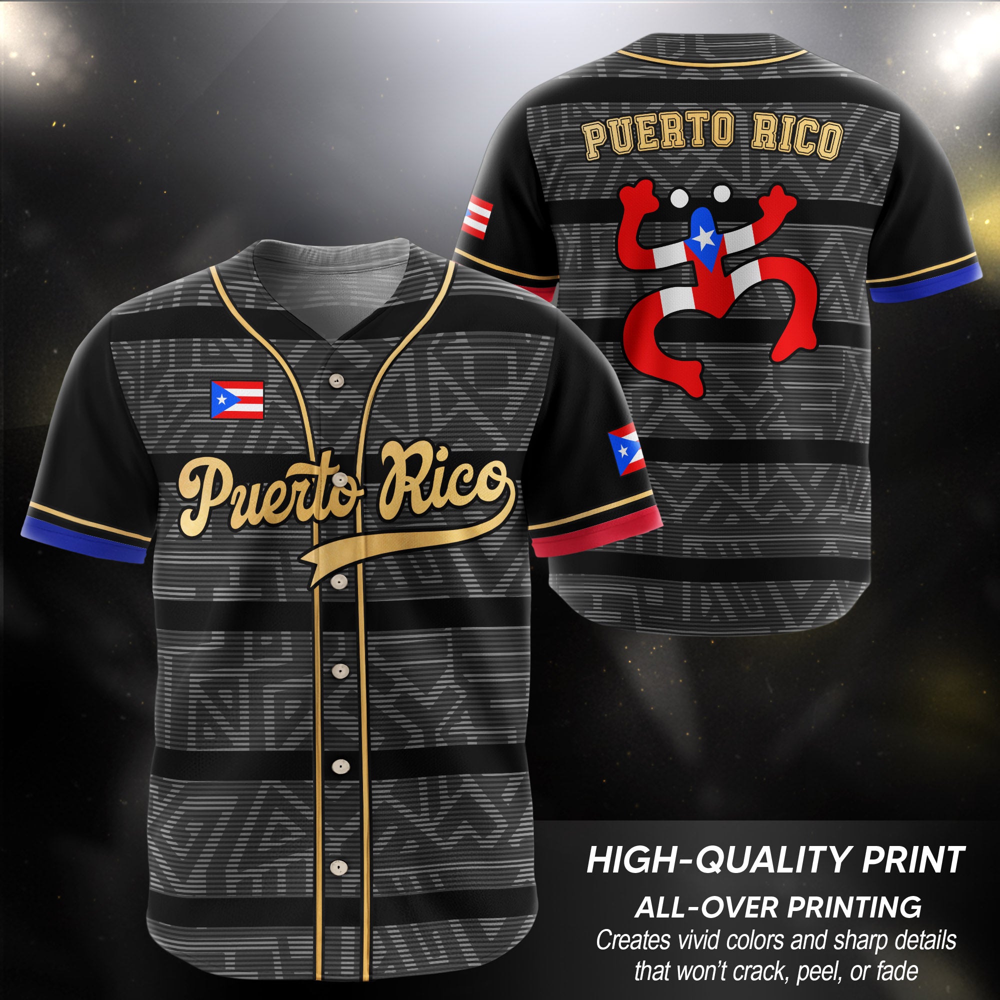 Puerto Rico Boricua Black Gray Taino Pattern Coqui Frog Heritage Baseball Jersey