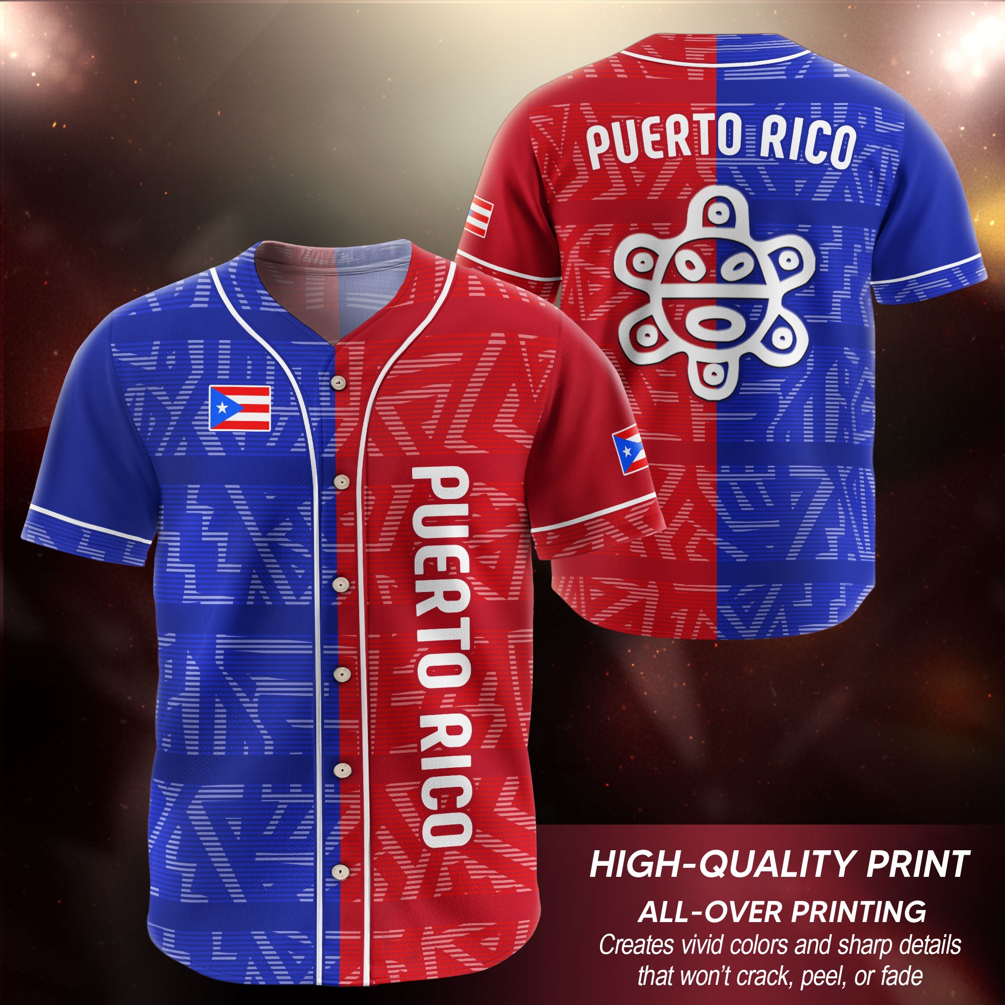 Camiseta de béisbol con estampado floral de hibisco y rana coquí de la fortaleza boricua de Puerto Rico