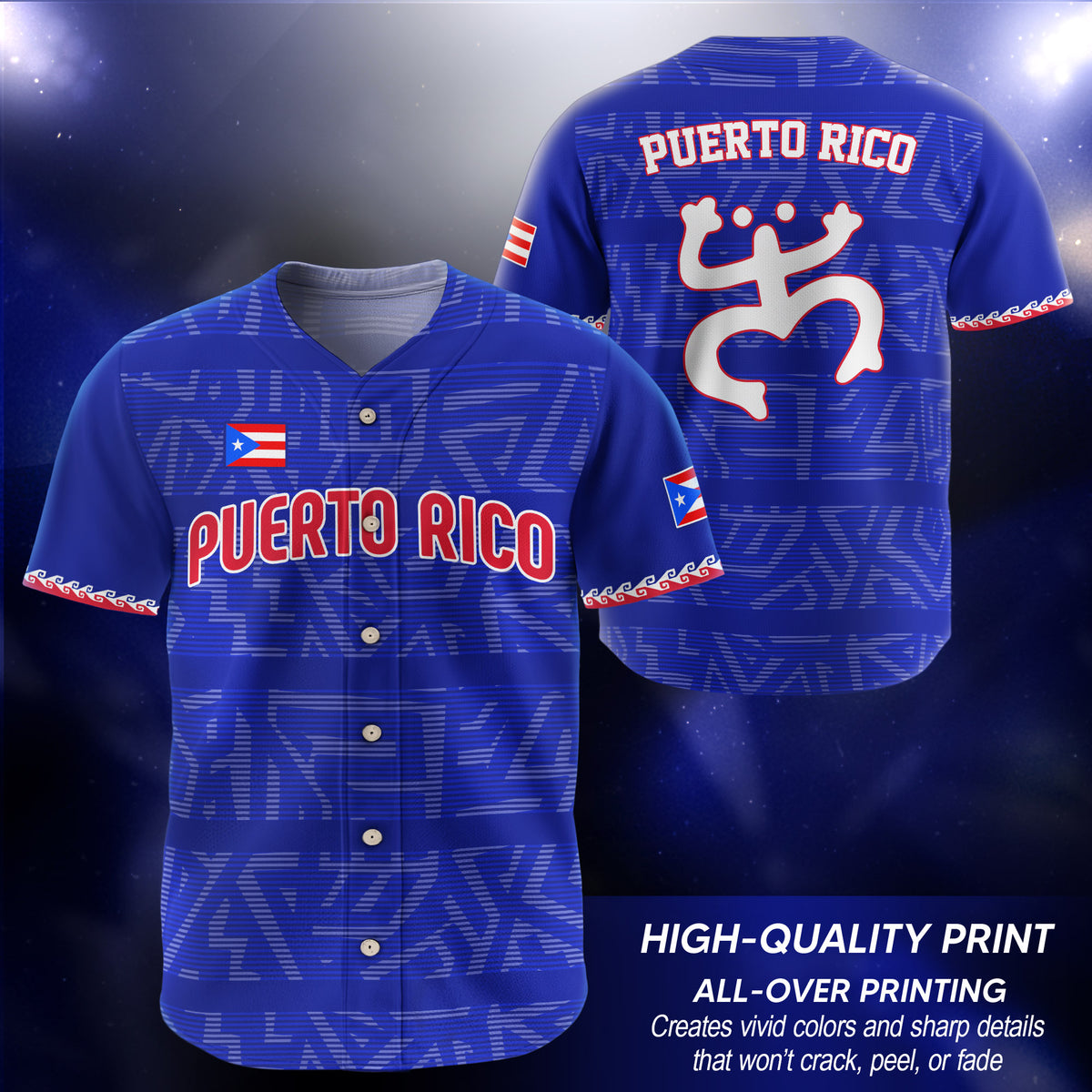 Puerto Rico Boricua Navy Royal Blue Taino Pattern Coqui Frog Baseball Jersey