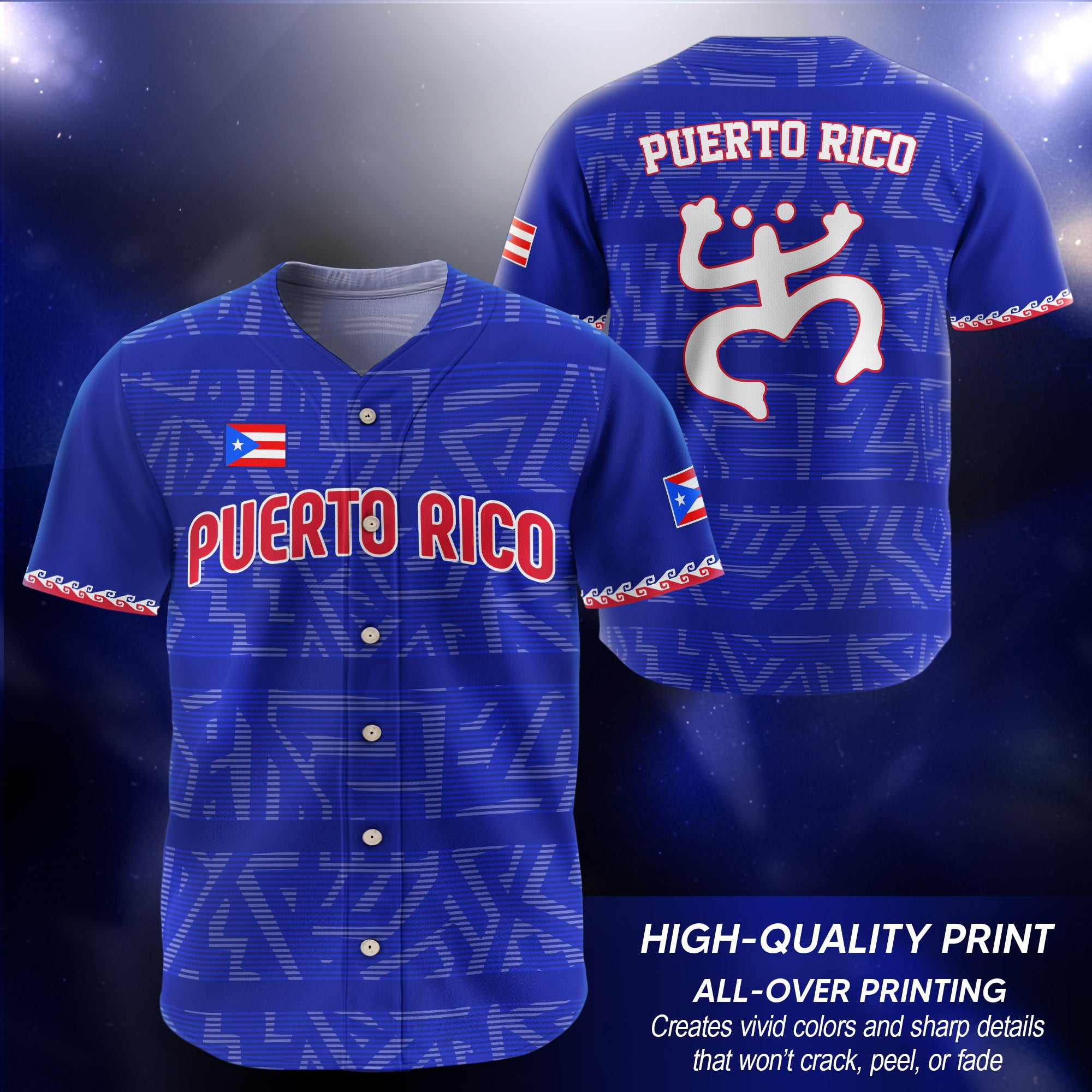 Puerto Rico Boricua Navy Royal Blue Taino Pattern Coqui Frog Baseball Jersey