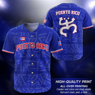 Puerto Rico Baseball Jersey in Boricua Navy for Men and Women, Royal Blue Taino Pattern Coqui Frog, Puerto Rico Shirts for Island Style, Northryn Co.