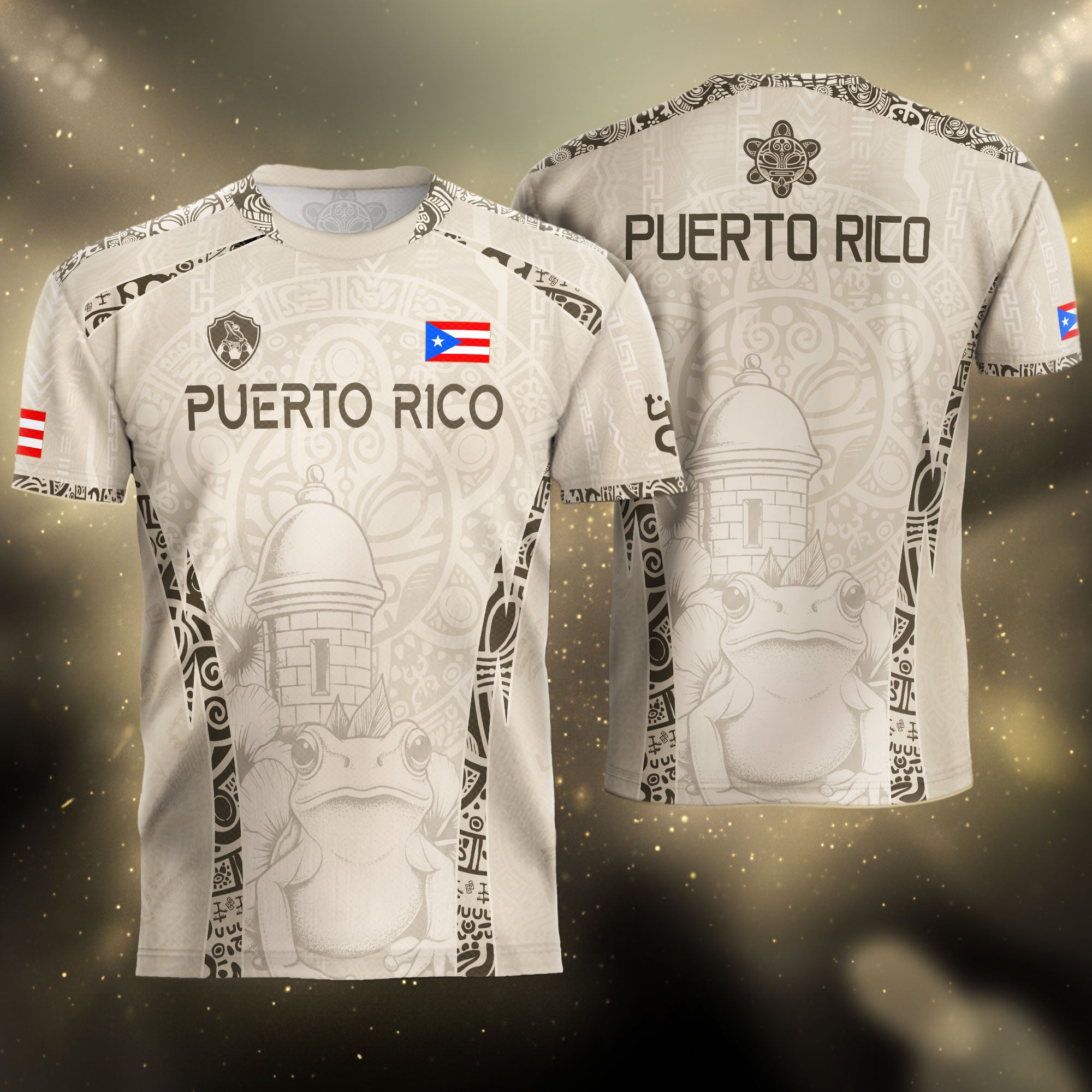 Puerto Rico Heritage Orgullo Boricua Beige Coqui Frog El Morro Fortress Soccer Jersey