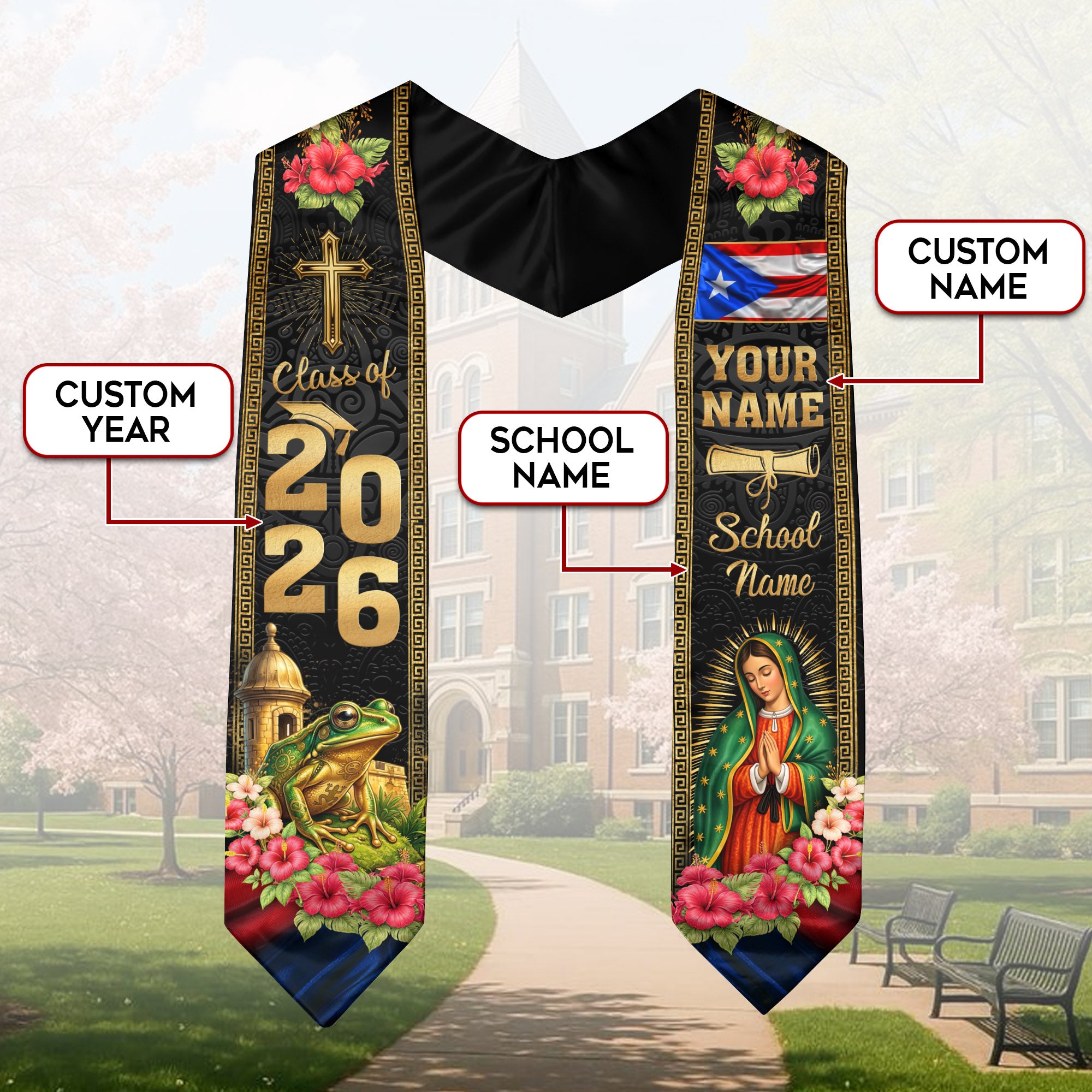 Custom Puerto Rico Graduation Stole 2026 – Guadalupe Cross Coqui Flag Sash