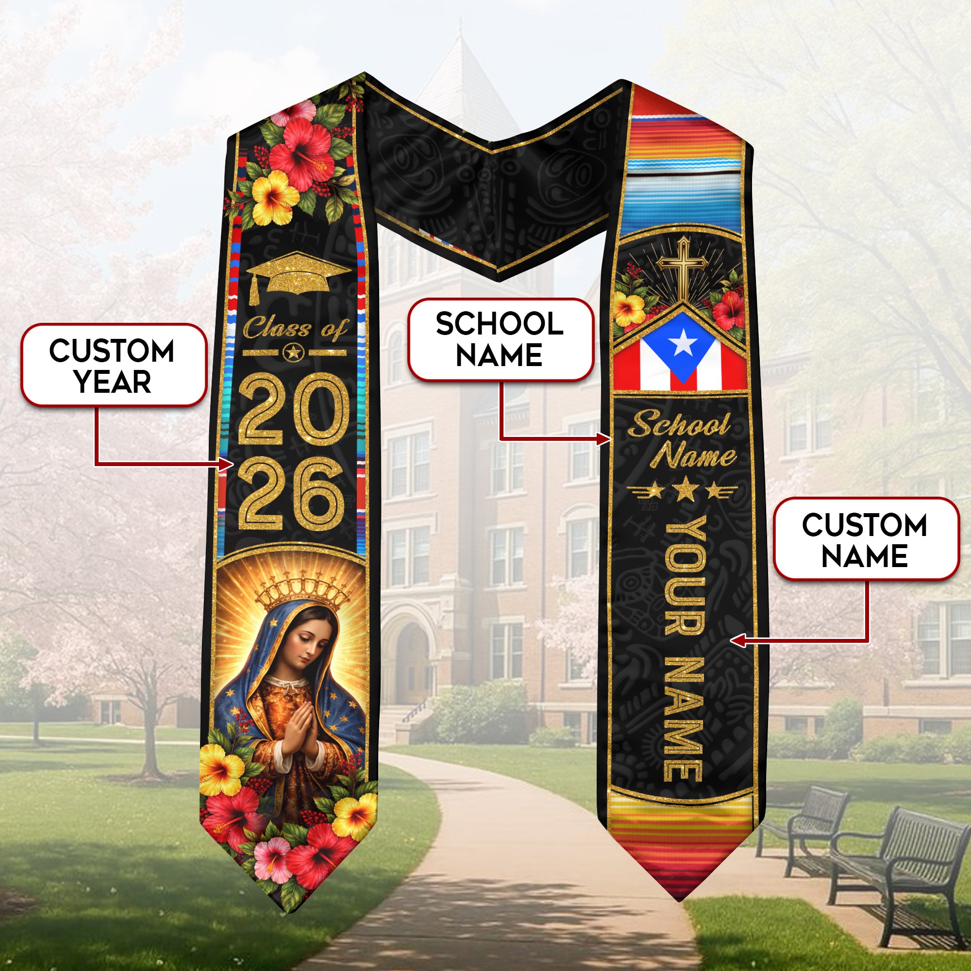 Puerto Rican Graduation Stole Custom 2026 Guadalupe Cross Flag Sash Gift