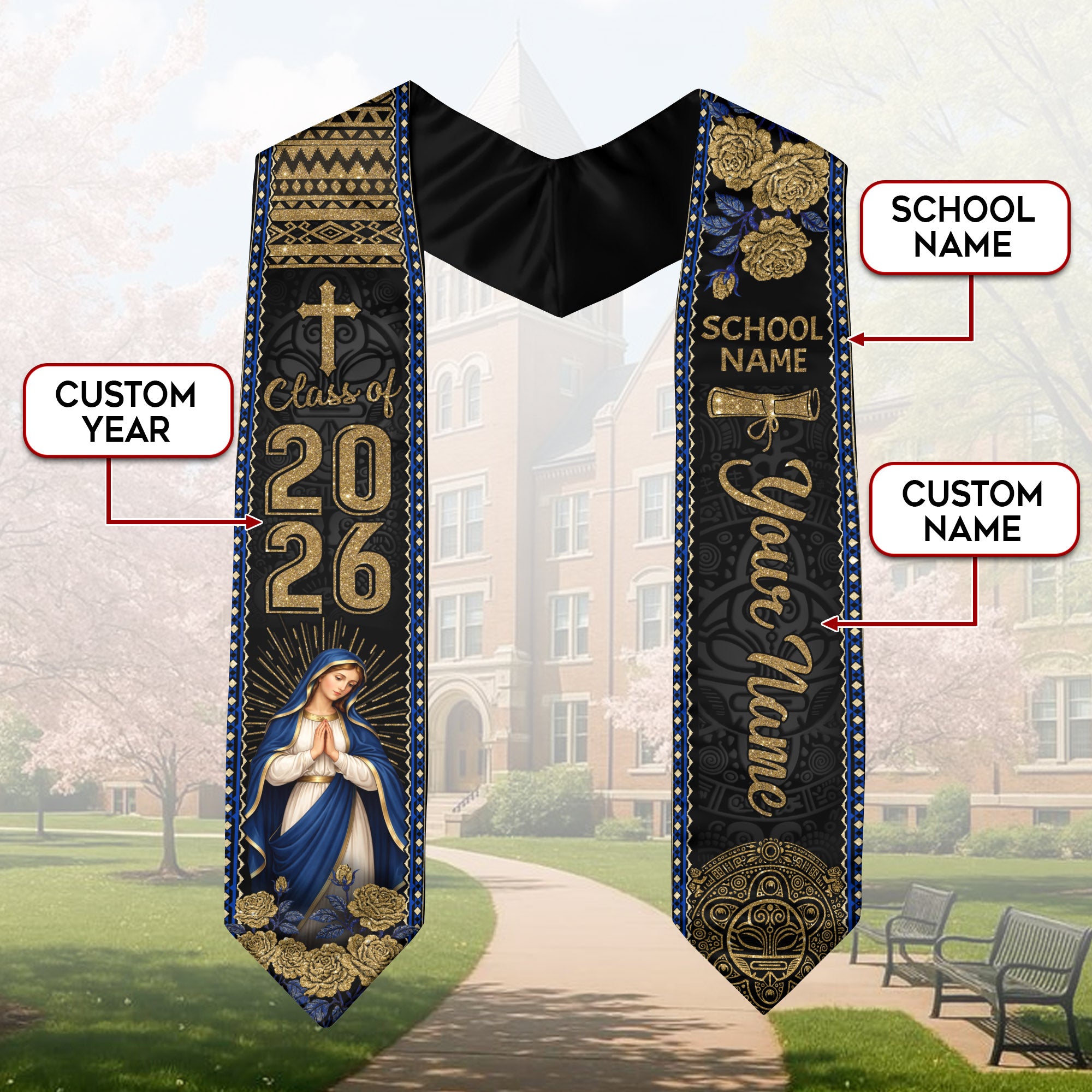 Mexico Graduation Stole Custom 2026 Virgin Mary Cross Aztec Sash Gift