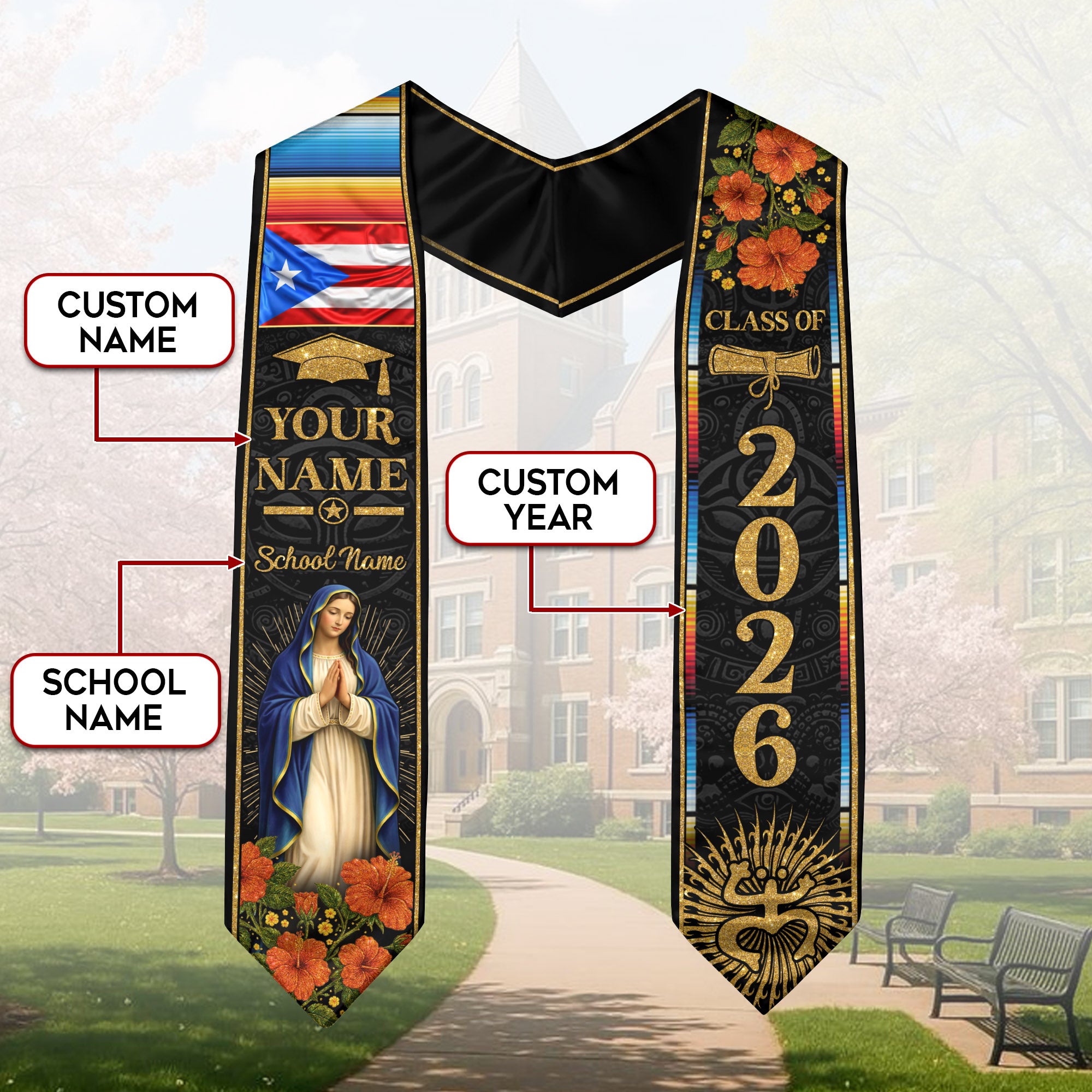 Custom Puerto Rico Graduation Stole Class of 2026, Personalized Name & School Sash