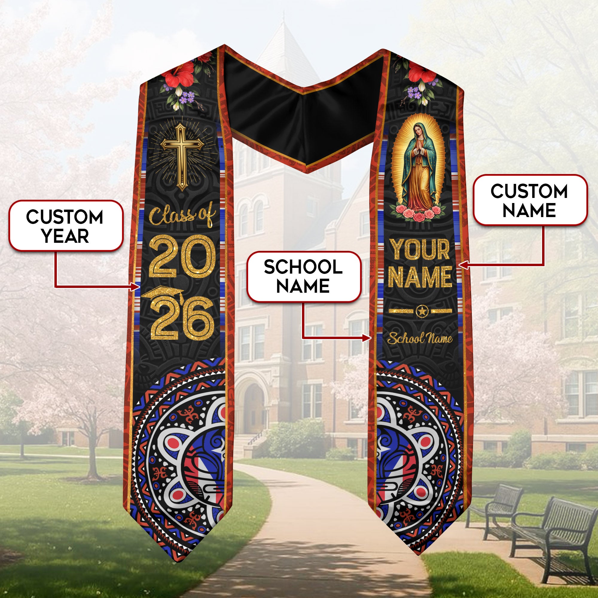 Custom Mexico Graduation Stole Class of 2026, Personalized Name Catholic Design
