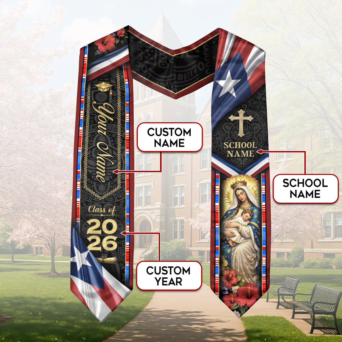 Puerto Rico Graduation Stole Class of 2026 - Custom Virgin Mary Heritage Sash