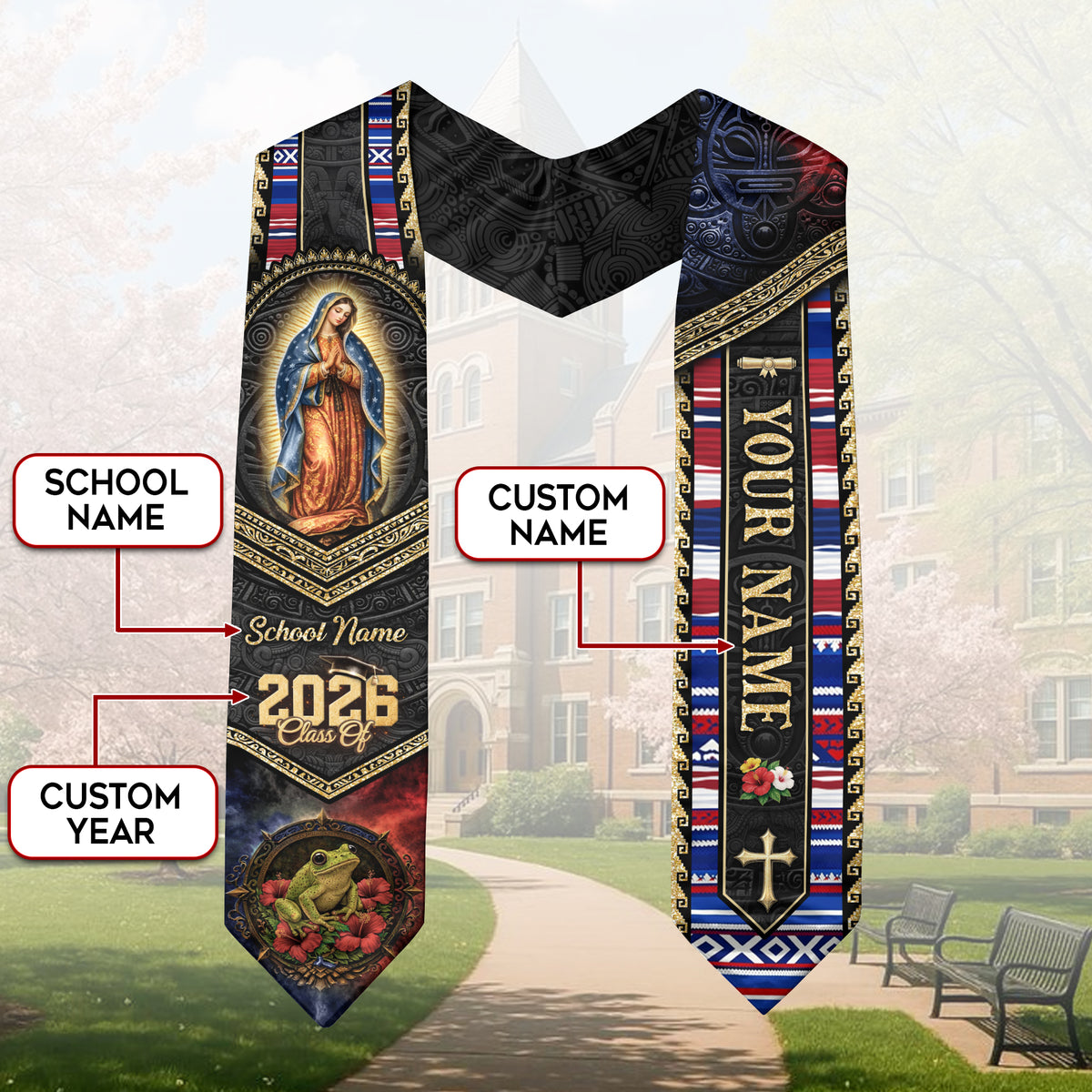 Custom Puerto Rico Graduation Stole 2026 - Our Lady of Guadalupe Coqui Frog Sash