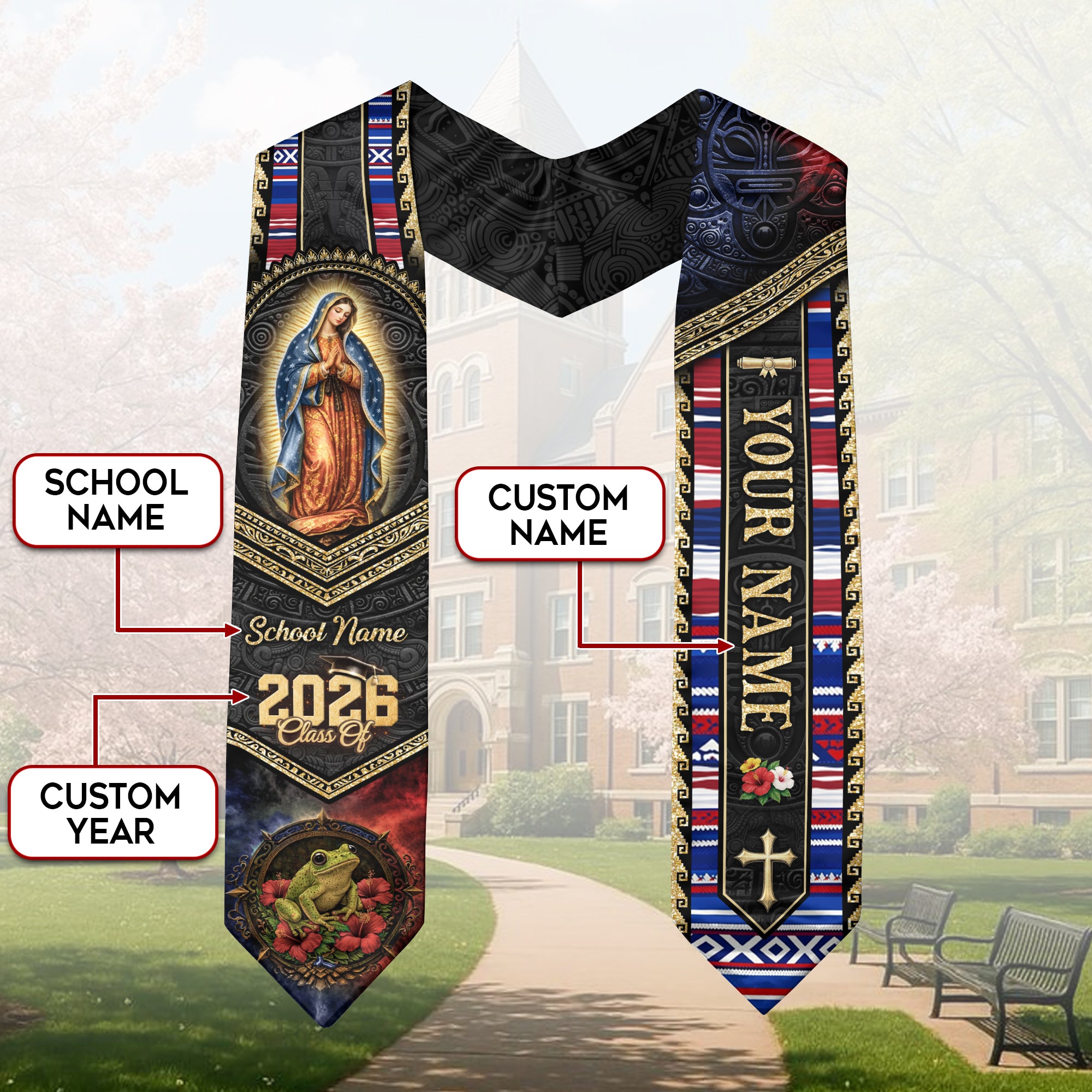 Custom Puerto Rico Graduation Stole 2026 - Our Lady of Guadalupe Coqui Frog Sash