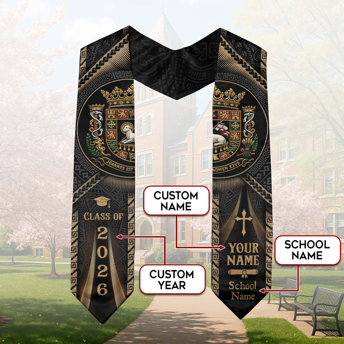 Puerto Rico Graduation Stole Class of 2026 - Custom Coat of Arms Heritage Gold Sash