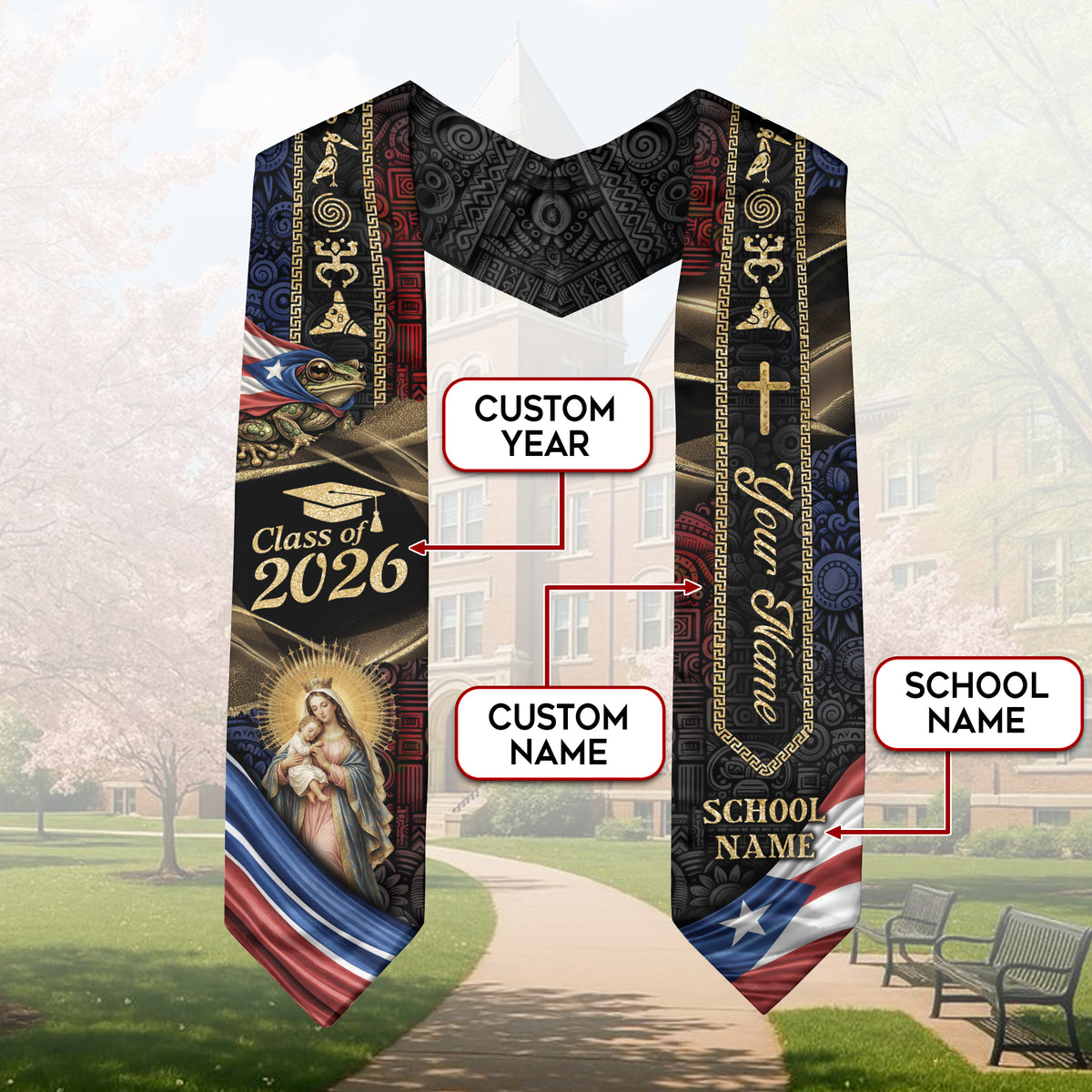 Personalized Puerto Rico Stole Class of 2026 - Taino Symbols & Cultural Graduation Sash