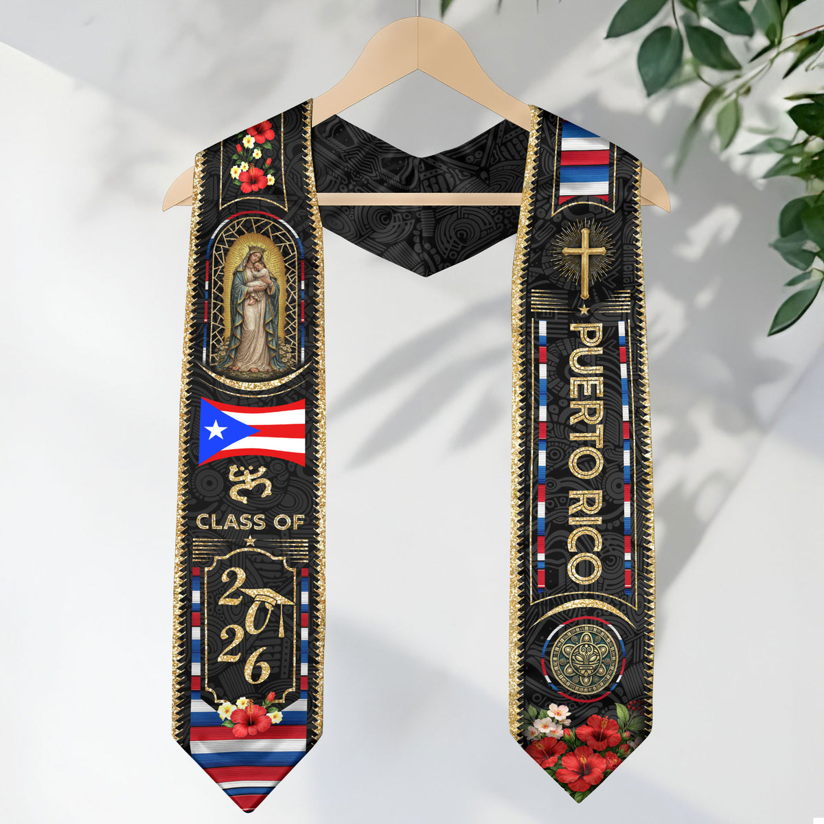 Puerto Rico Graduation Stole 2026 Virgin Mary Cross PR Flag Gold Glitter Sash