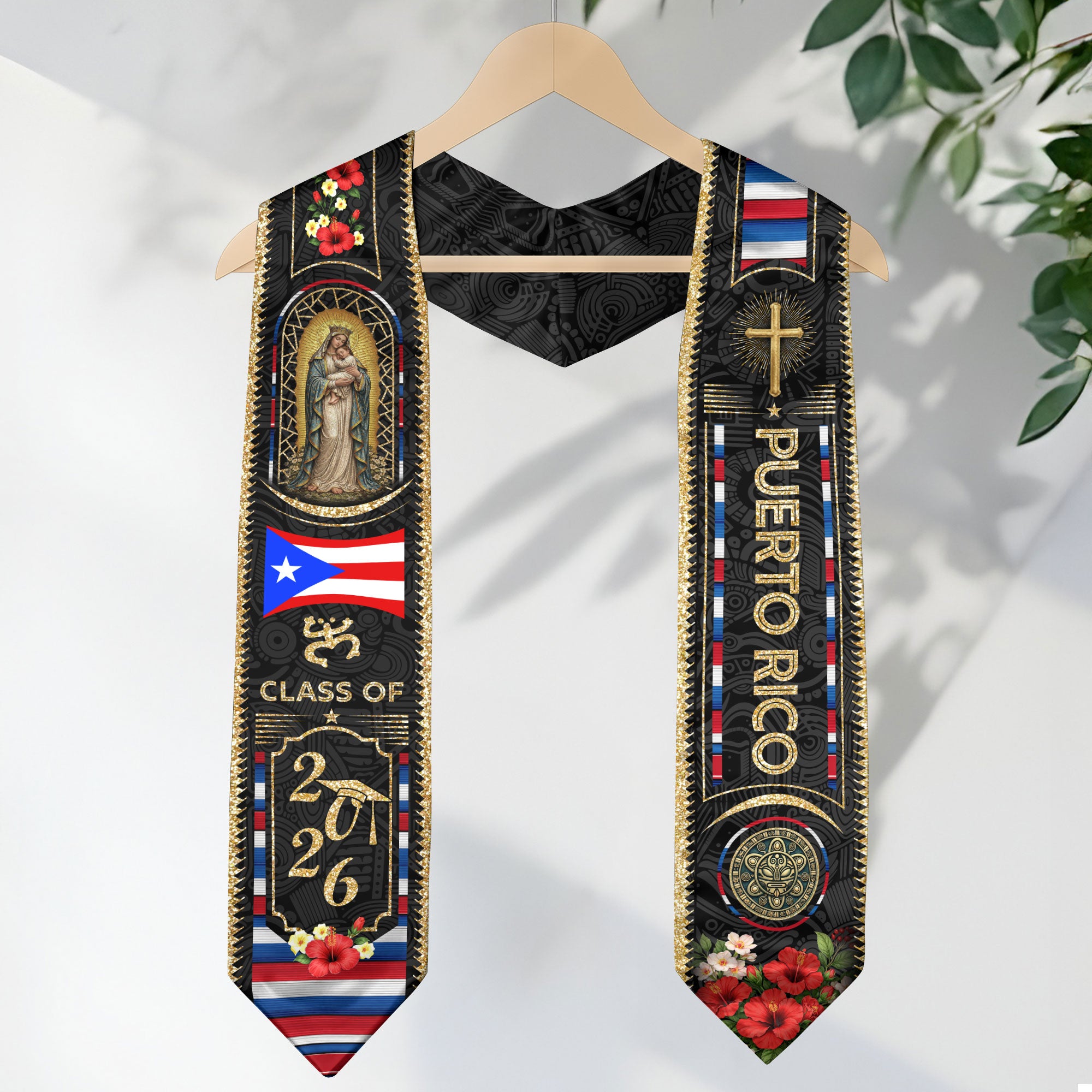 Puerto Rico Graduation Stole 2026 Virgin Mary Cross PR Flag Gold Glitter Sash