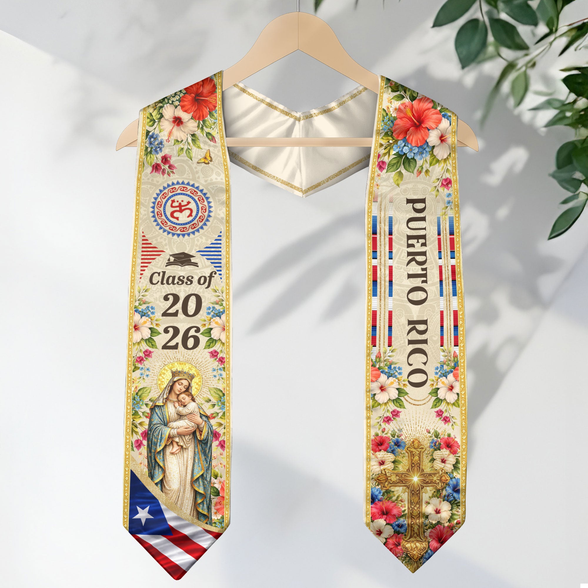 Puerto Rico Graduation Stole 2026 Virgin Mary Ivory Hibiscus PR Flag Sash