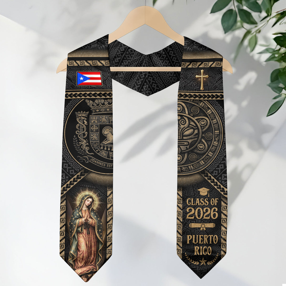 Puerto Rico Graduation Stole 2026 Virgin Mary Cross PR Flag Gold Ethnic Sash