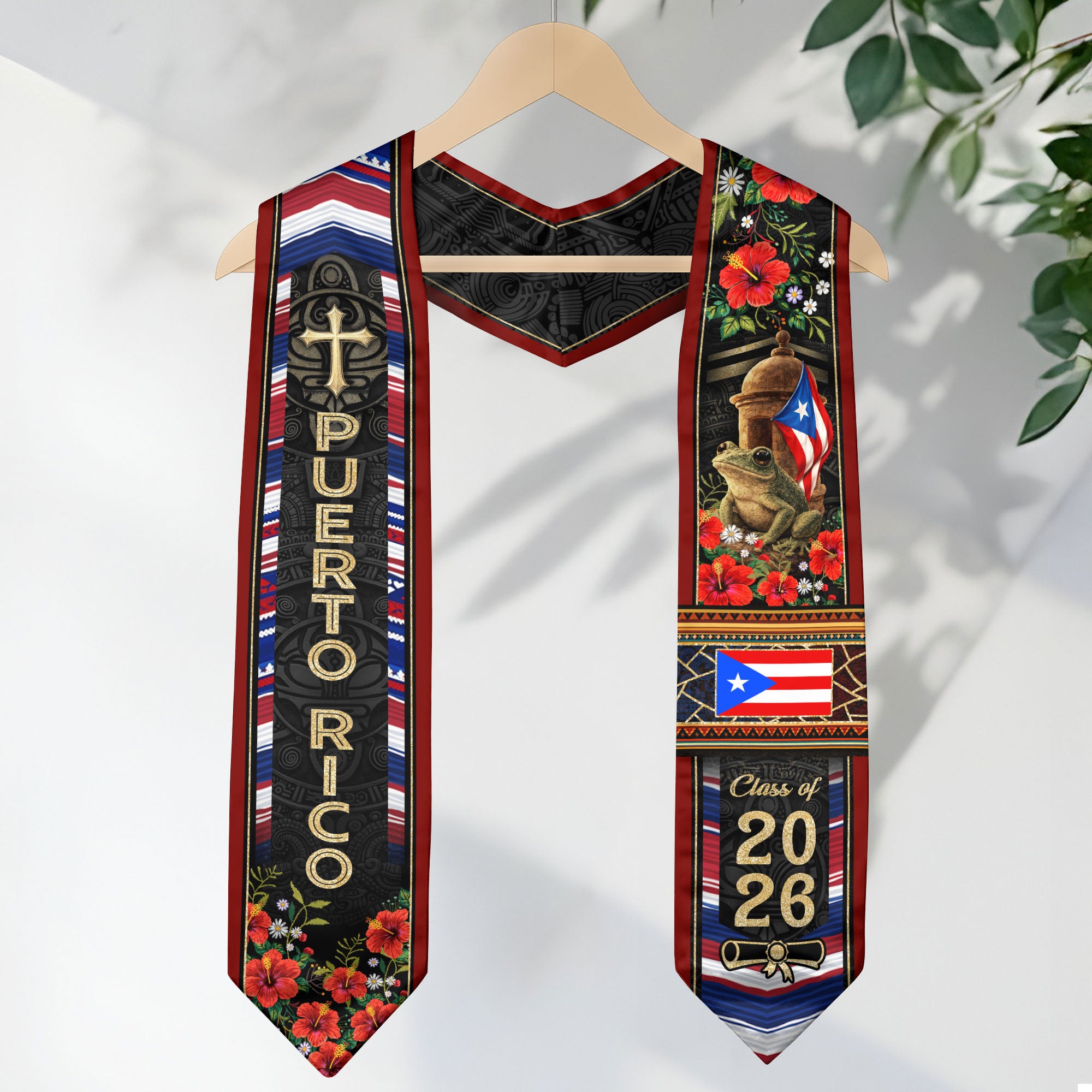 Puerto Rico Graduation Stole 2026 Coqui Frog Garita PR Flag Hibiscus Floral Sash