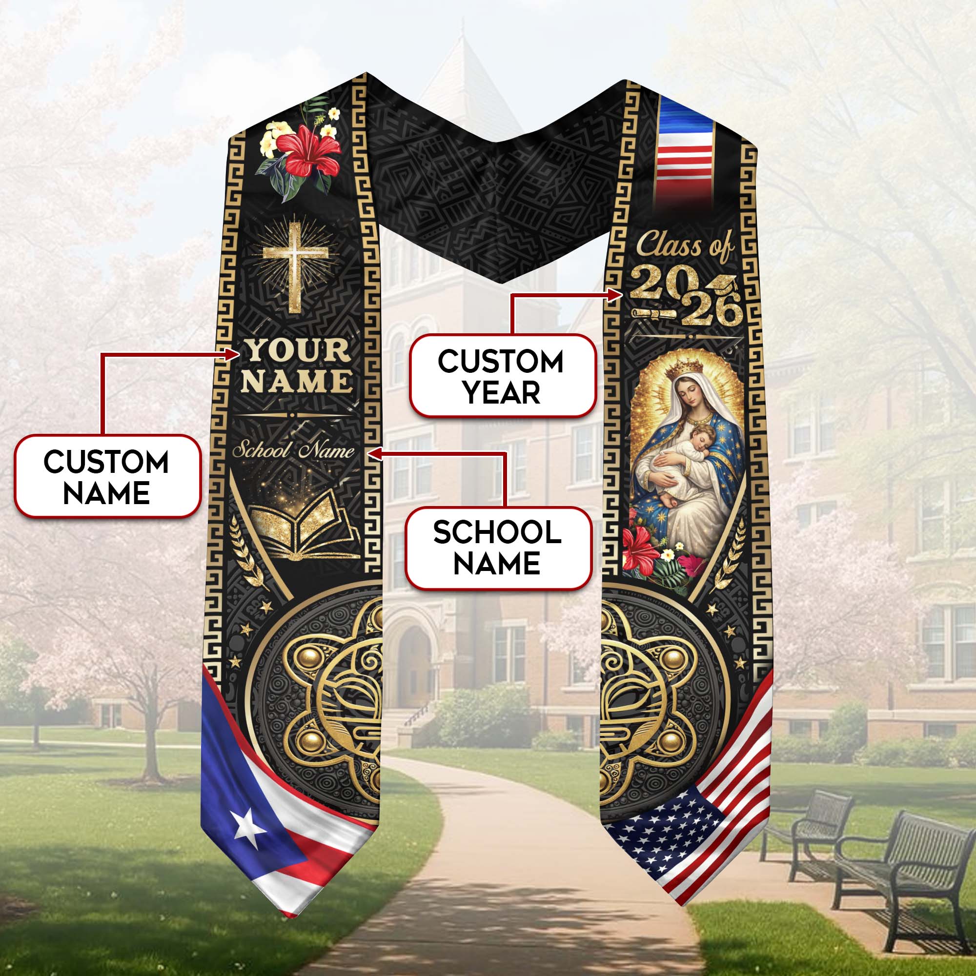 Puerto Rico USA Graduation Stole 2026 - Personalized Name Taino Heritage Sash