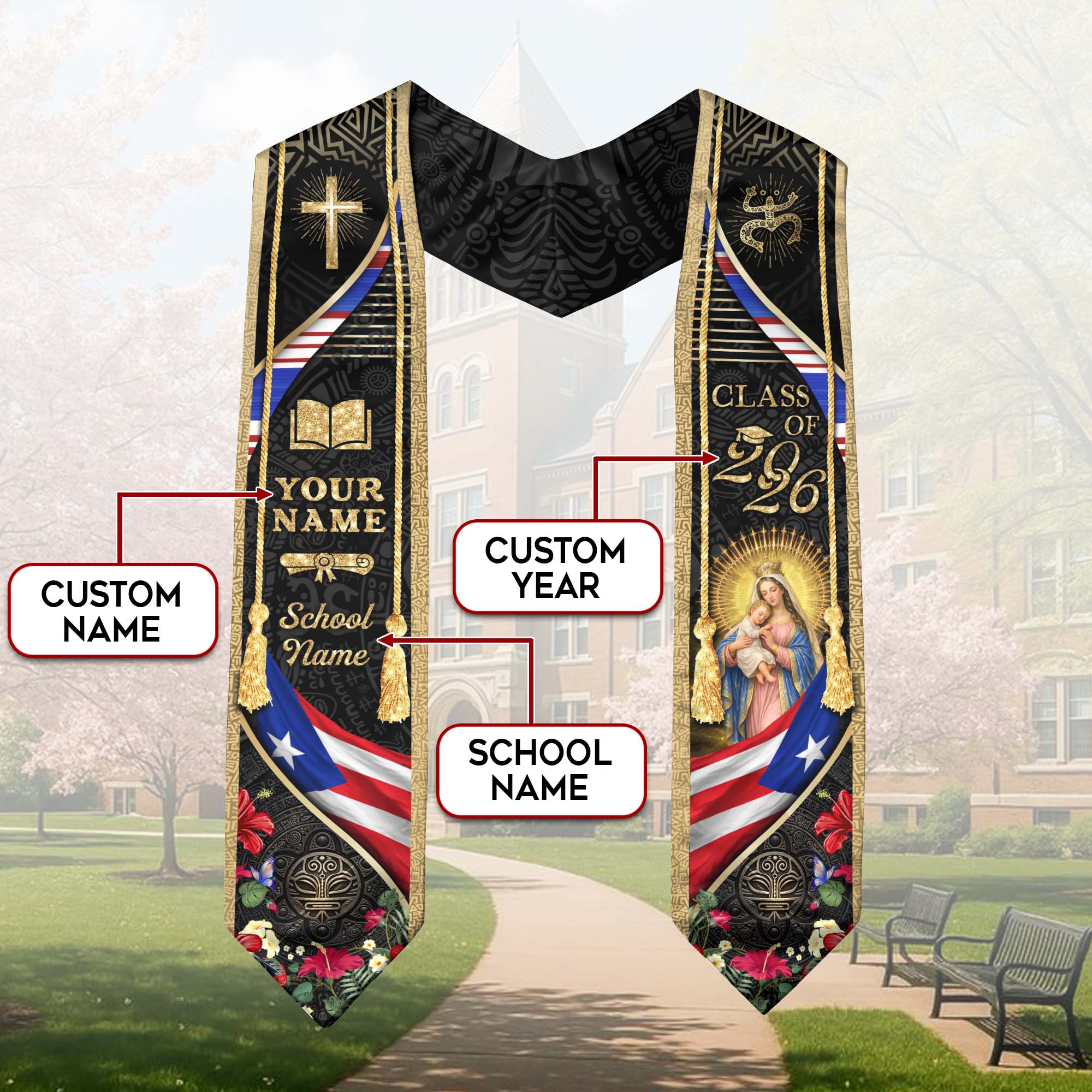 Boricua Pride Puerto Rico Graduation Stole - Custom Name School Coqui Floral Sash