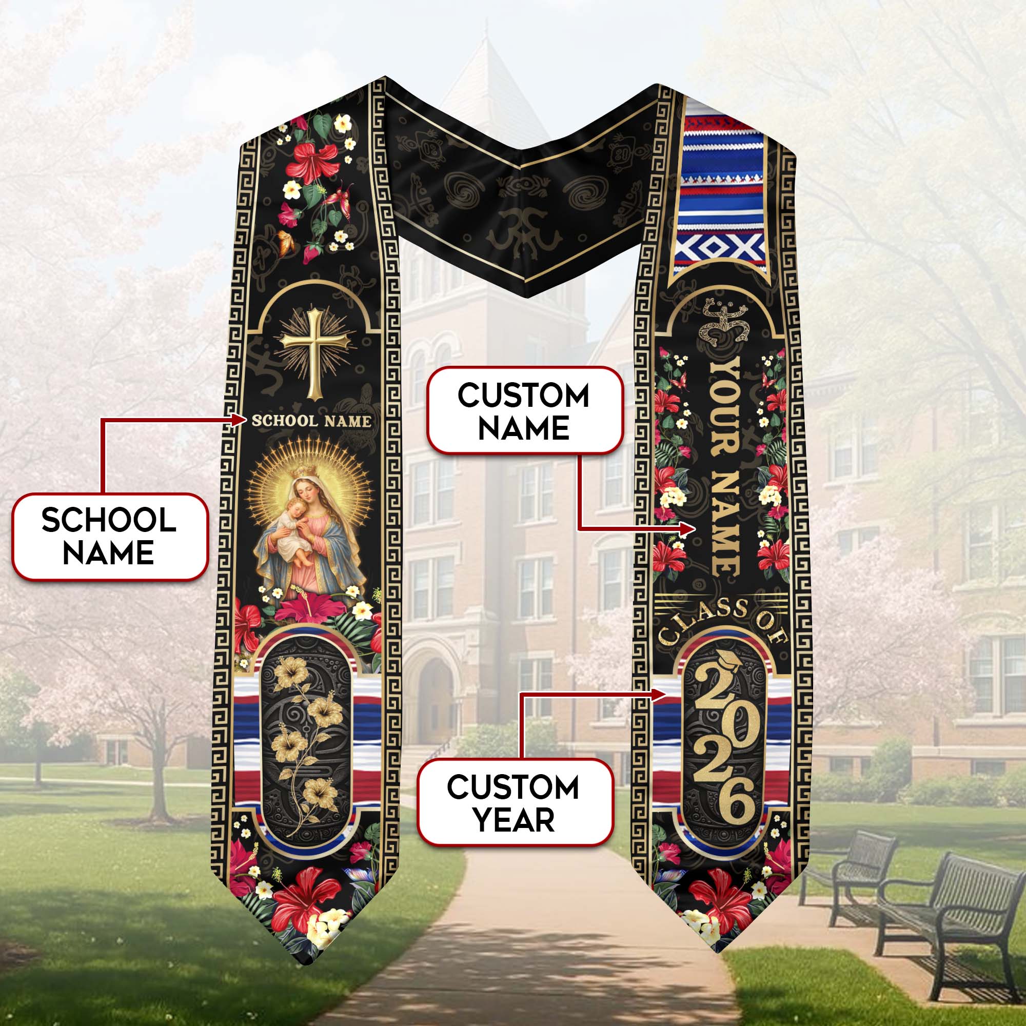 Puerto Rico Graduation Stole 2026 - Personalized Name School Coqui Floral Sash