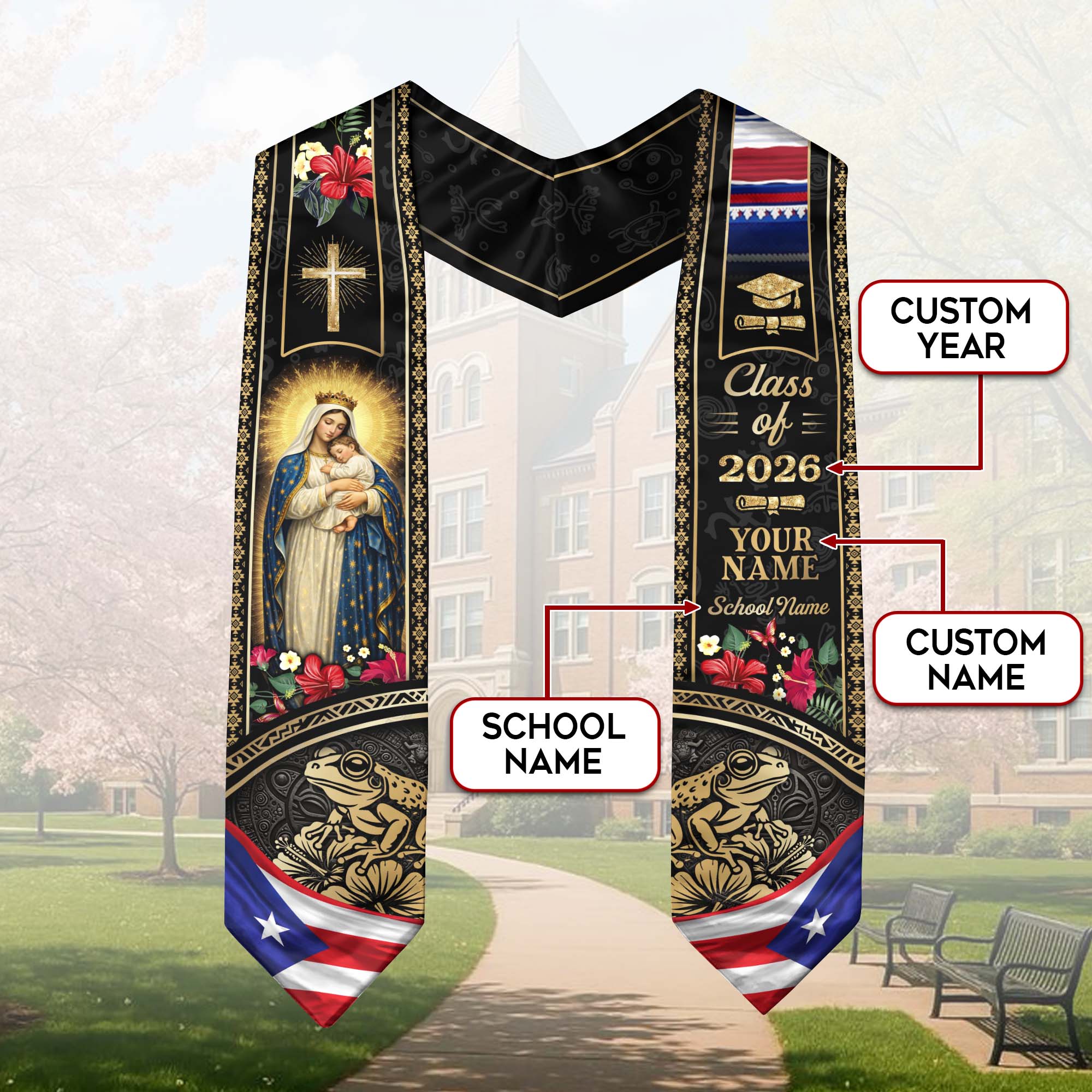 Custom Name Puerto Rico Graduation Stole 2026 - Virgin Mary & Coqui Heritage Print Sash