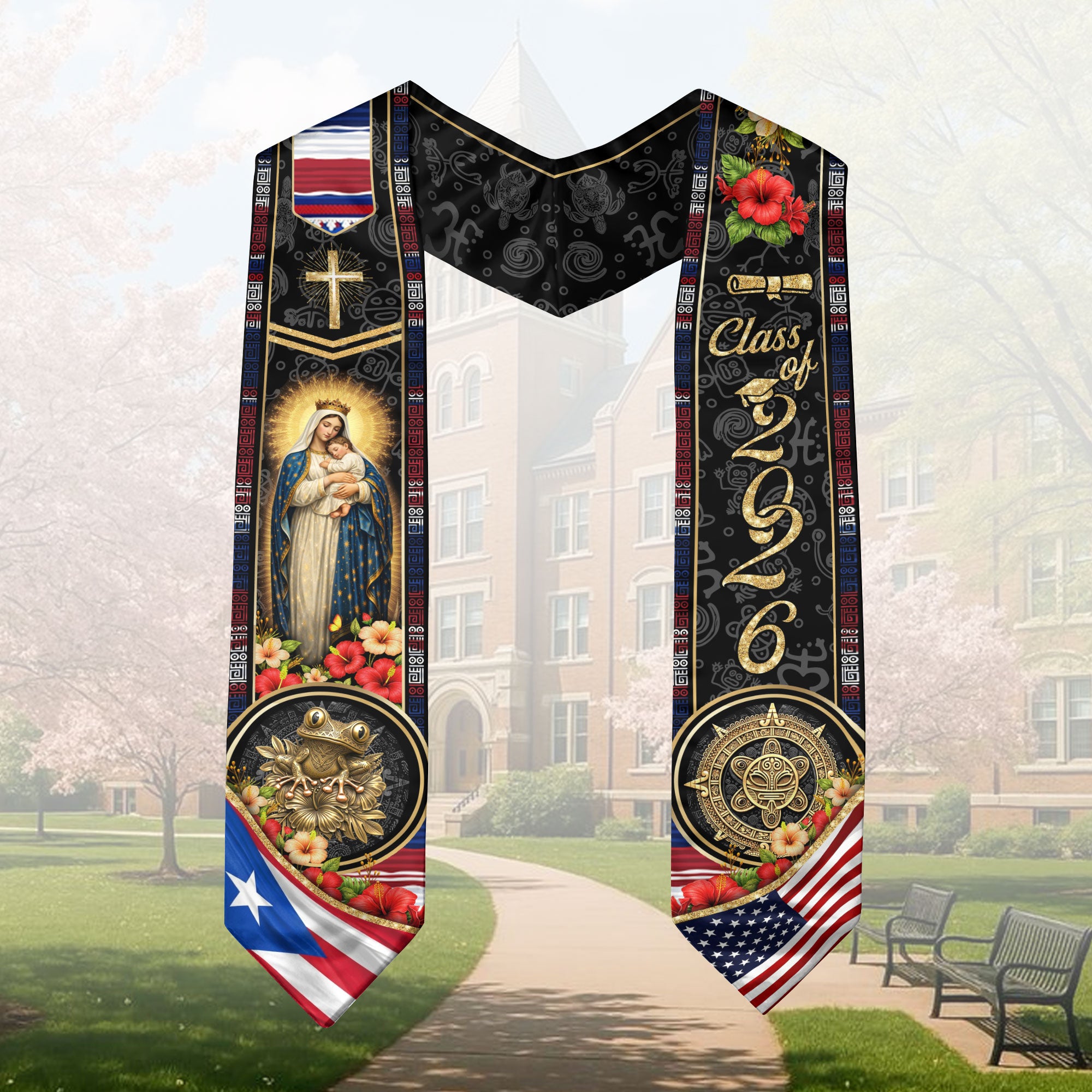 Puerto Rico Graduation Stole Class of 2026 - Virgin Mary & Coqui Floral Ethnic Sash