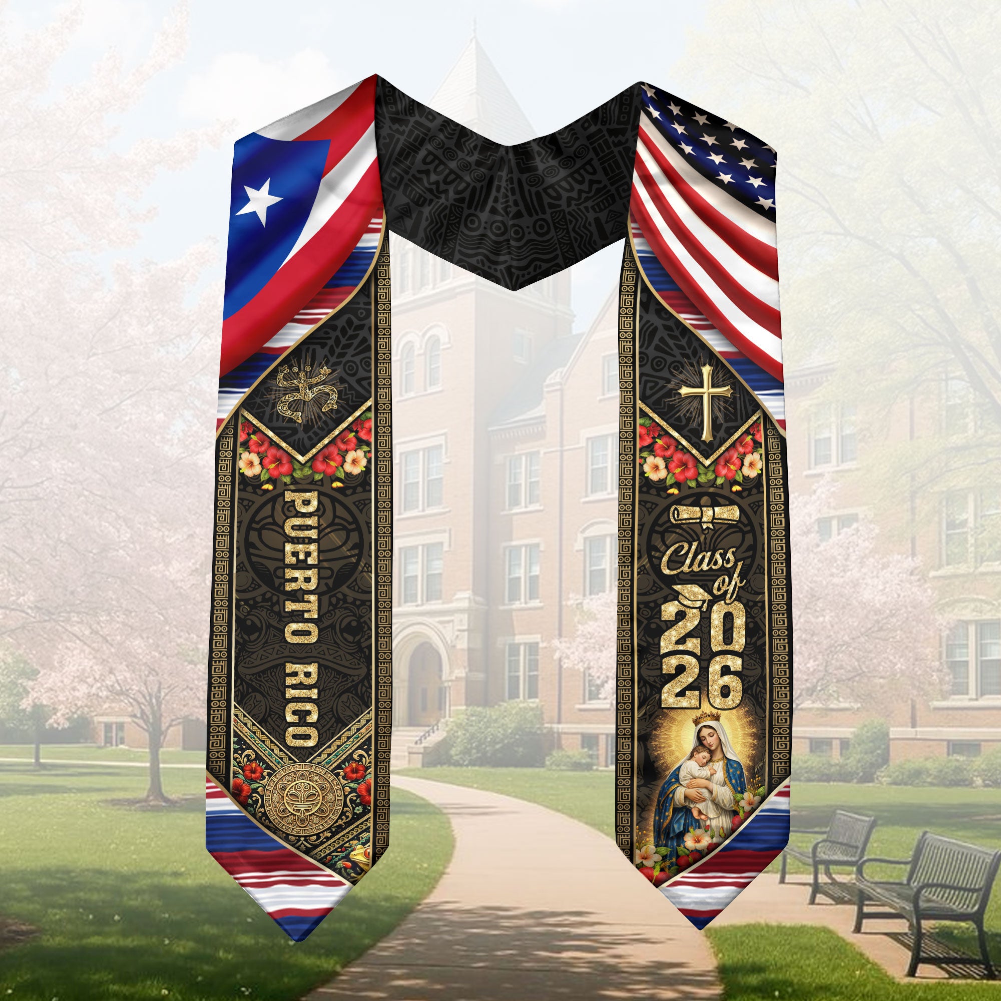 Puerto Rico USA Graduation Stole 2026 - Flag Shoulder Heritage Taino Floral Sash