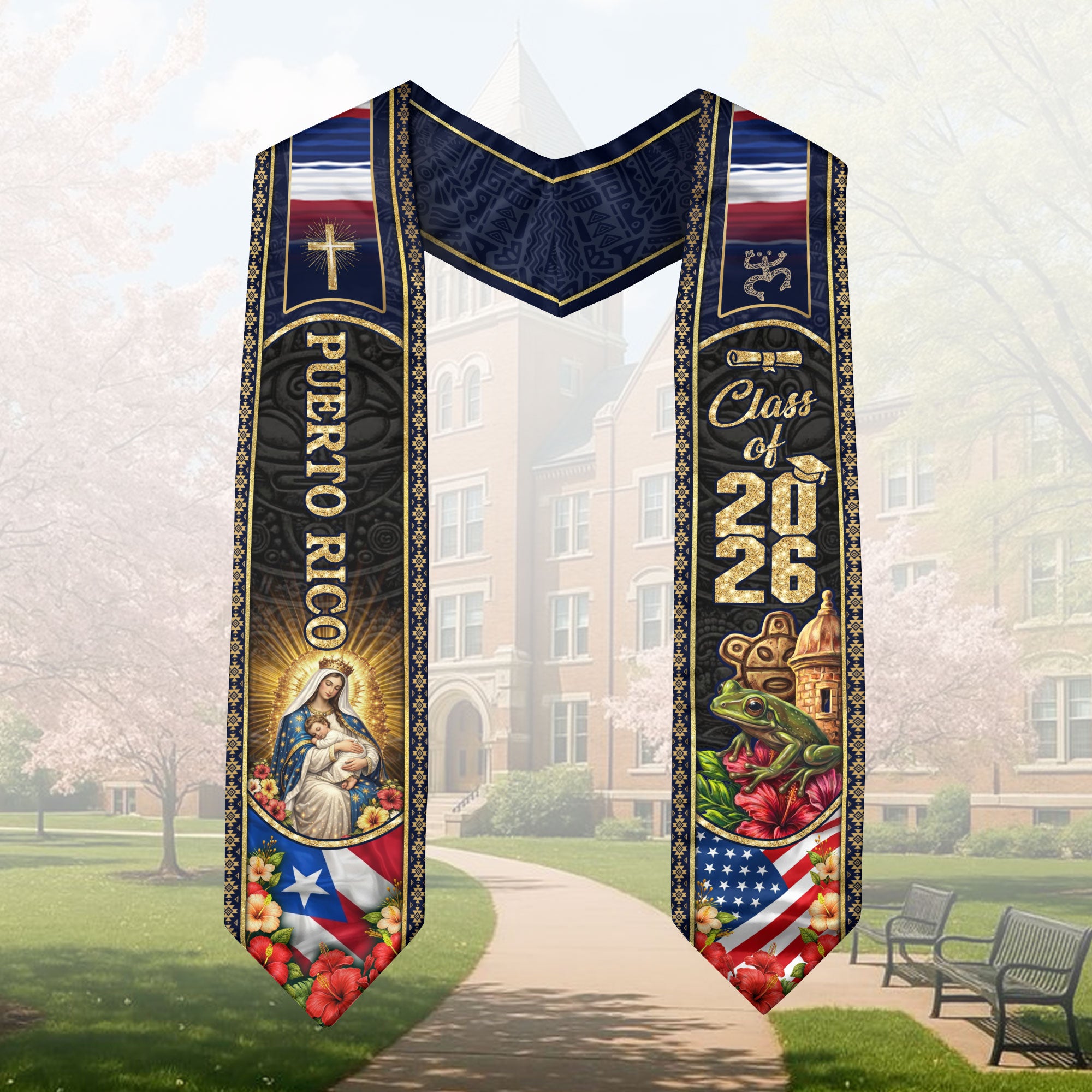 Puerto Rico USA Graduation Stole 2026 - Coqui El Morro & Taino Heritage Floral Sash