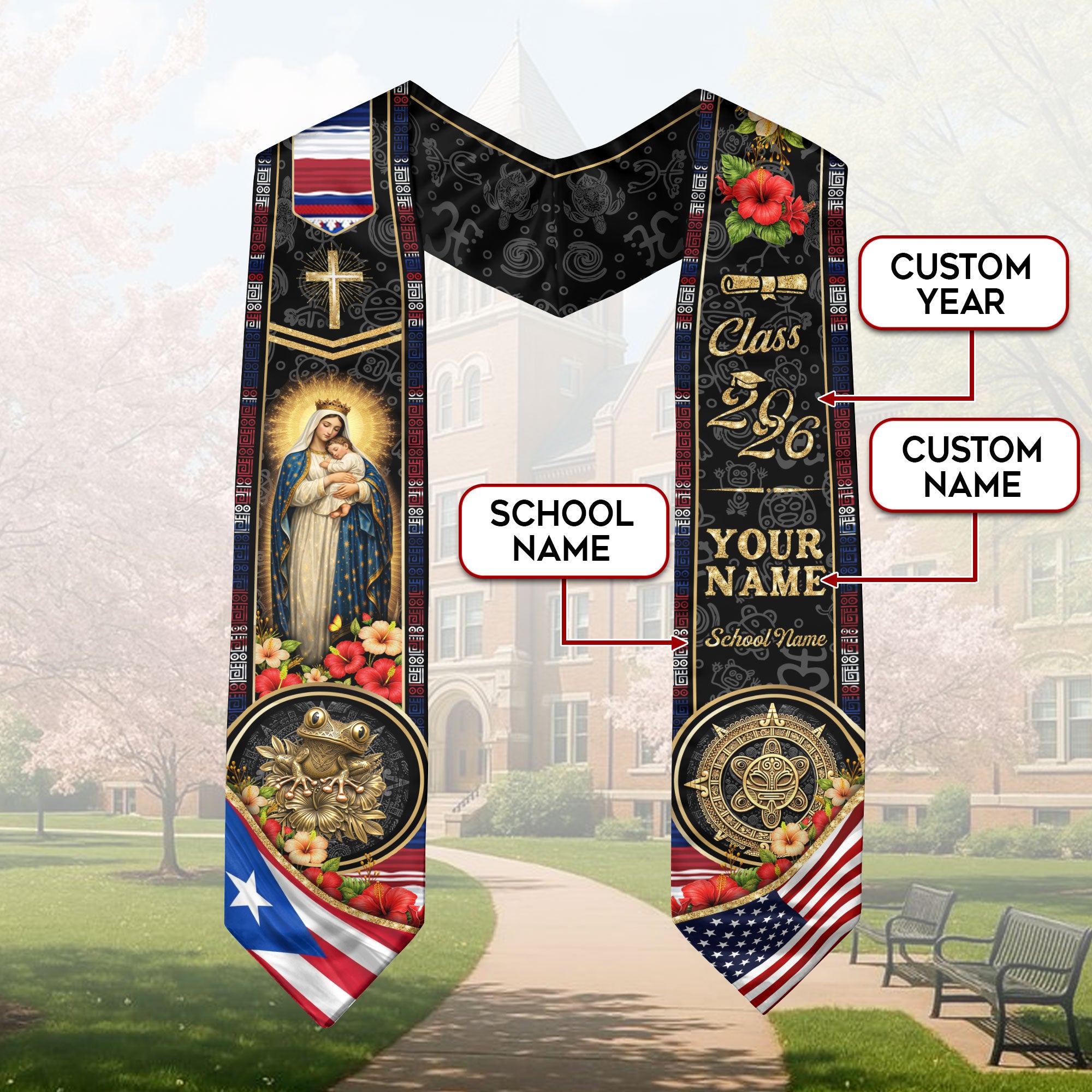 Custom Puerto Rico USA Graduation Stole 2026 Virgin Mary Cross Faith Flag Sash Gift