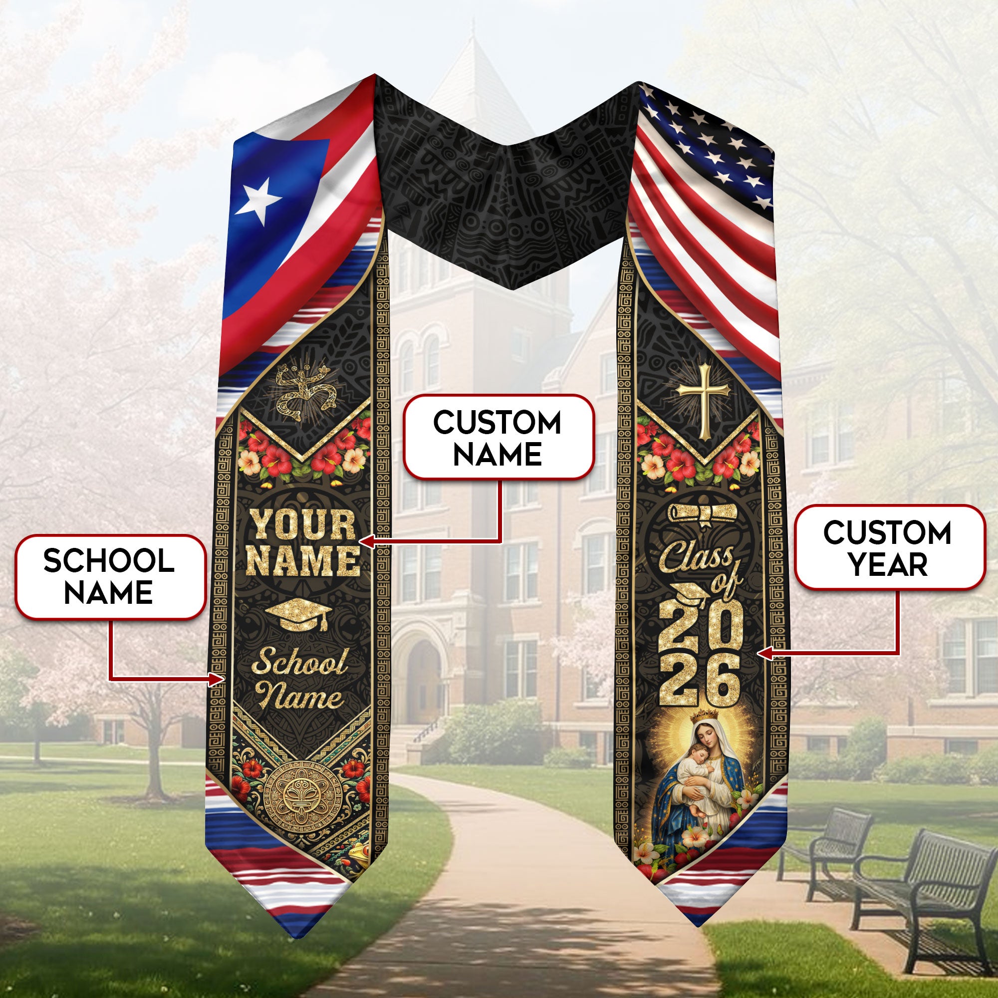Custom Graduation Stole Class of 2026 Puerto Rico Virgin Mary Coqui Frog Personalized Name Sash