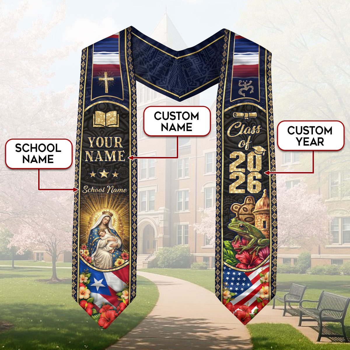 Custom Puerto Rico Graduation Stole Class of 2026 Virgin Mary Cross Floral Coqui Frog Sash